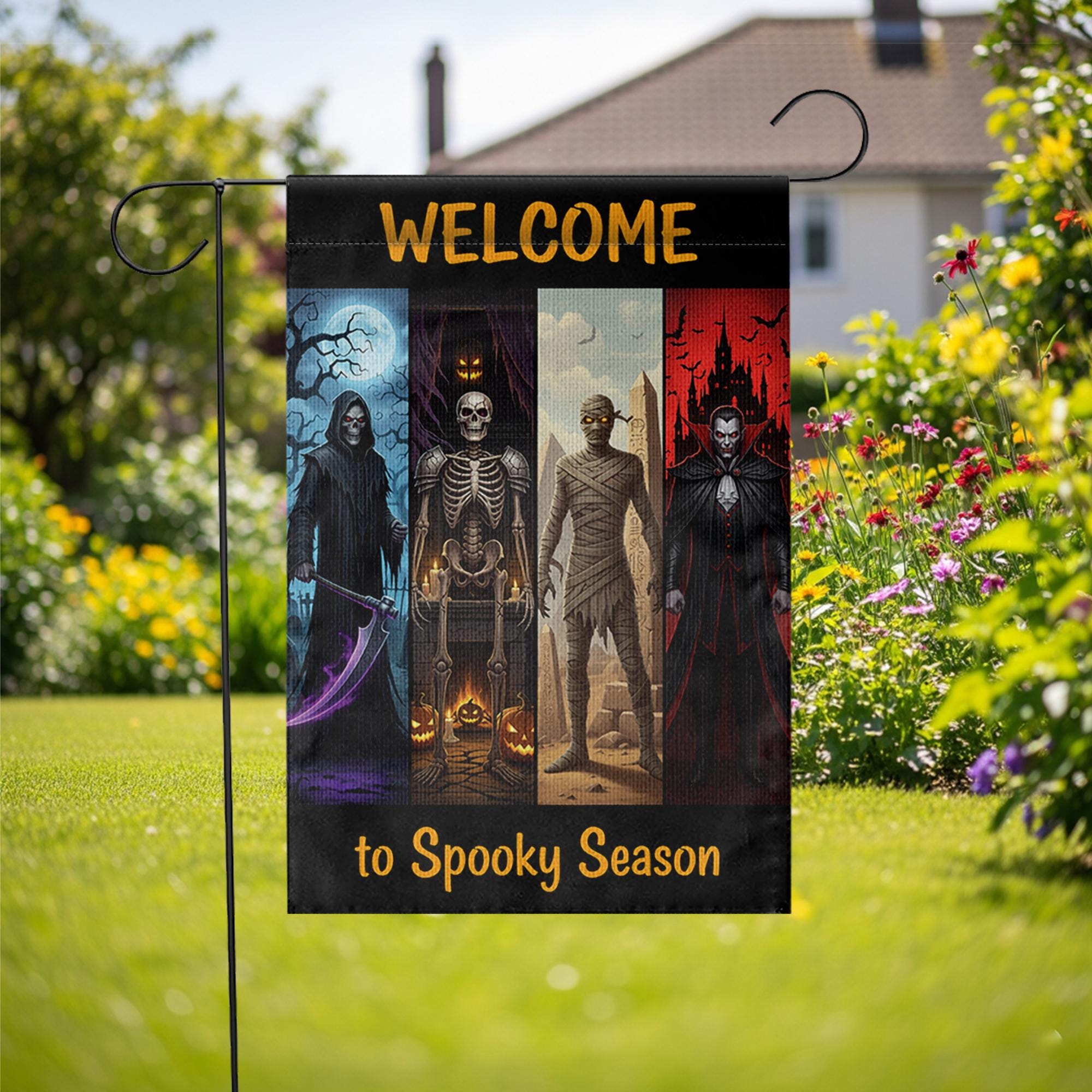 Welcome to Spooky Season Garden Flag – Halloween Yard Decor with Grim Reaper, Skeleton, Mummy, Vampire – Scary Outdoor Sign