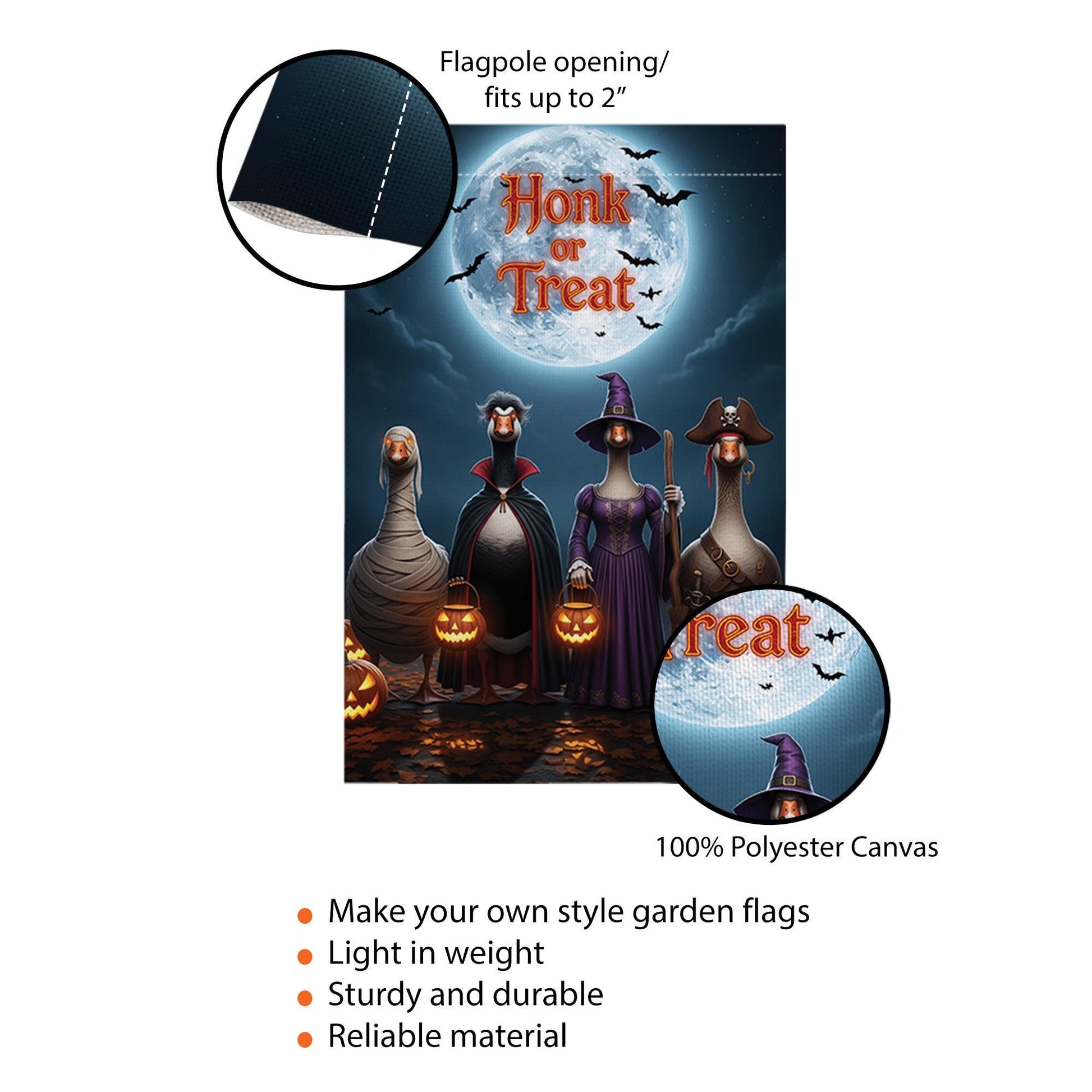 Honk or Treat Halloween Garden Flag – Funny Goose Yard Decor with Costumes, Pumpkins & Full Moon – Spooky Fall Outdoor Sign