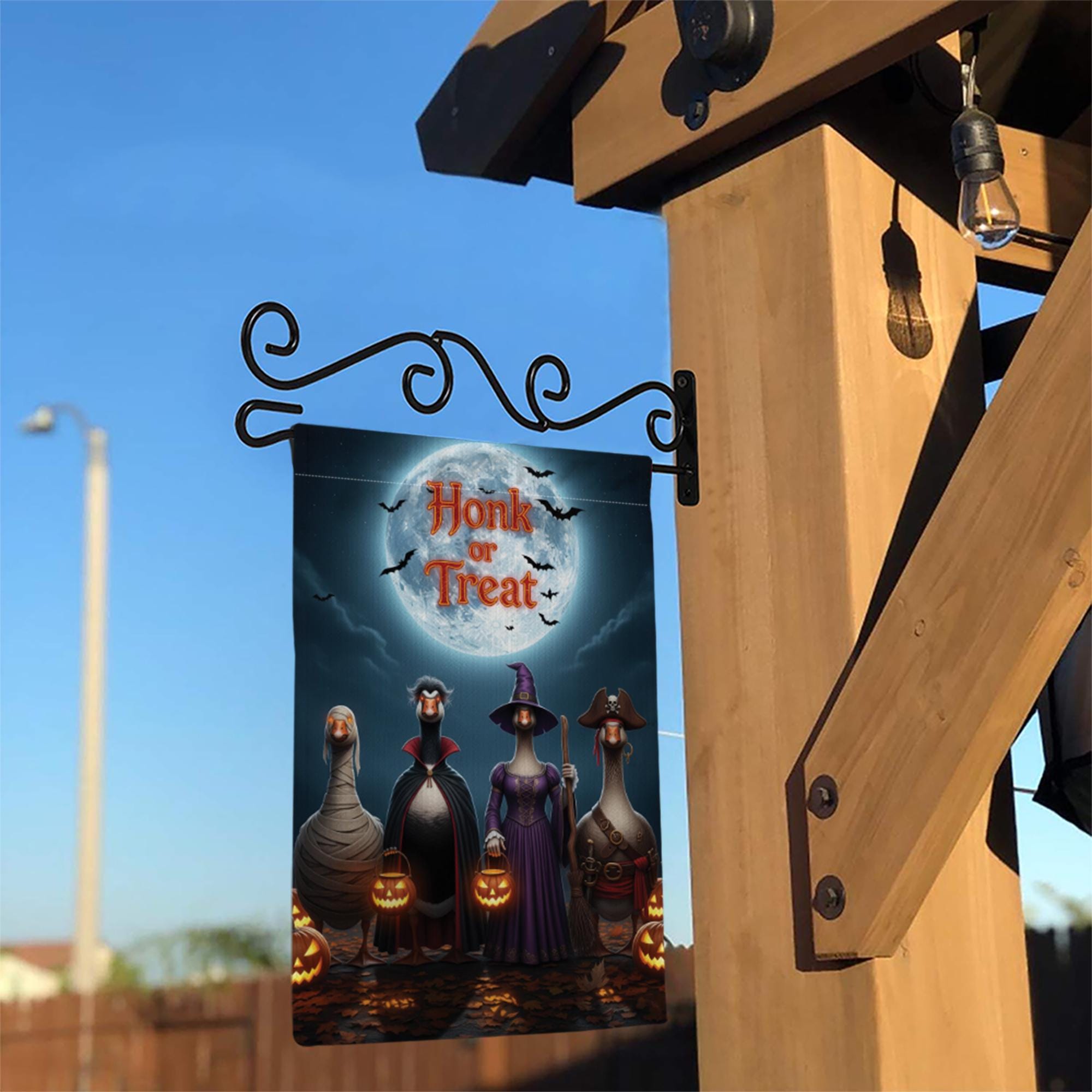 Honk or Treat Halloween Garden Flag – Funny Goose Yard Decor with Costumes, Pumpkins & Full Moon – Spooky Fall Outdoor Sign