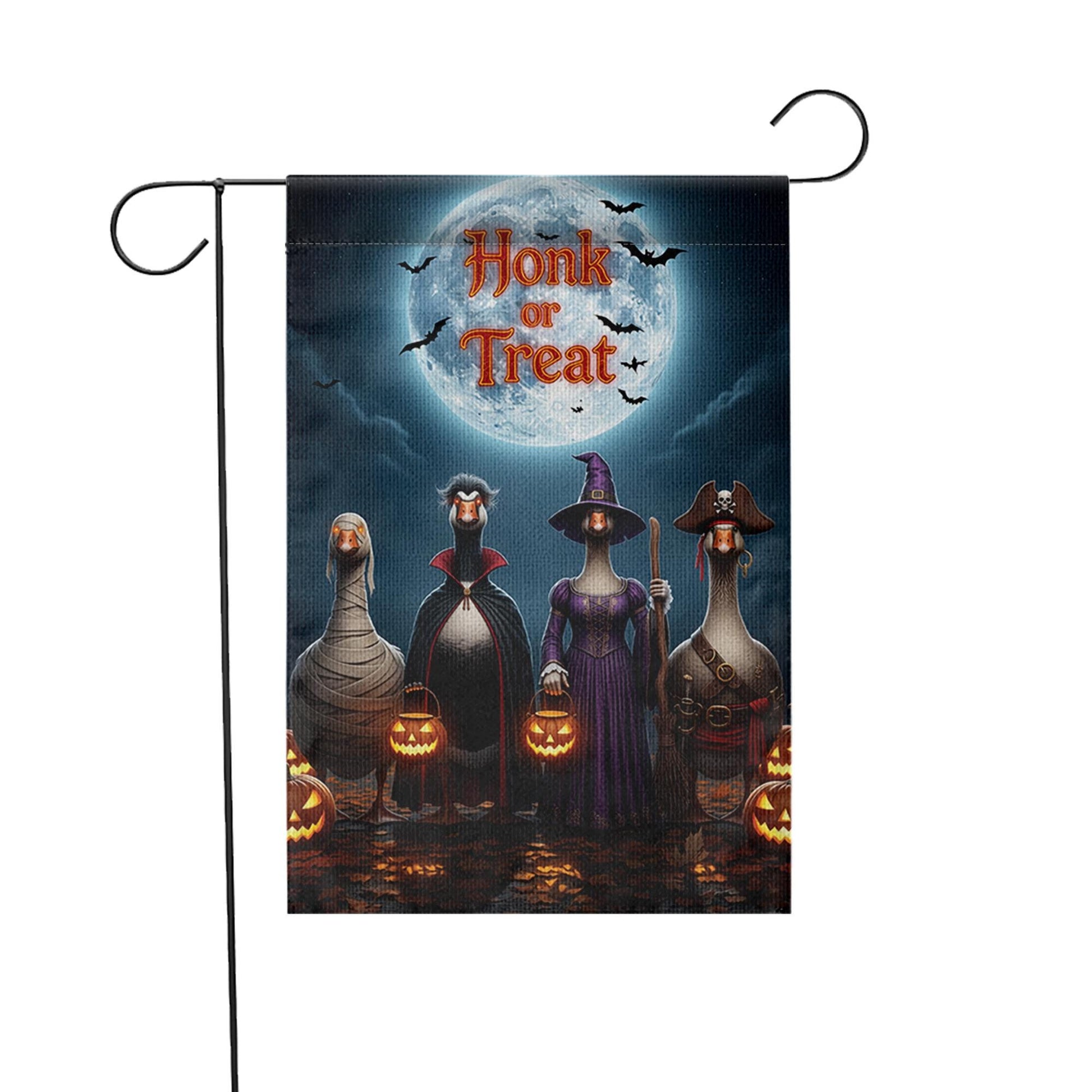 Honk or Treat Halloween Garden Flag – Funny Goose Yard Decor with Costumes, Pumpkins & Full Moon – Spooky Fall Outdoor Sign