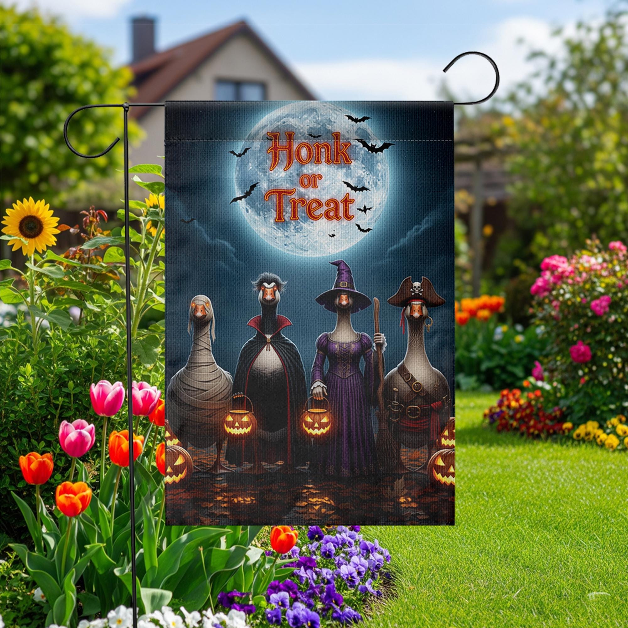 Honk or Treat Halloween Garden Flag – Funny Goose Yard Decor with Costumes, Pumpkins & Full Moon – Spooky Fall Outdoor Sign