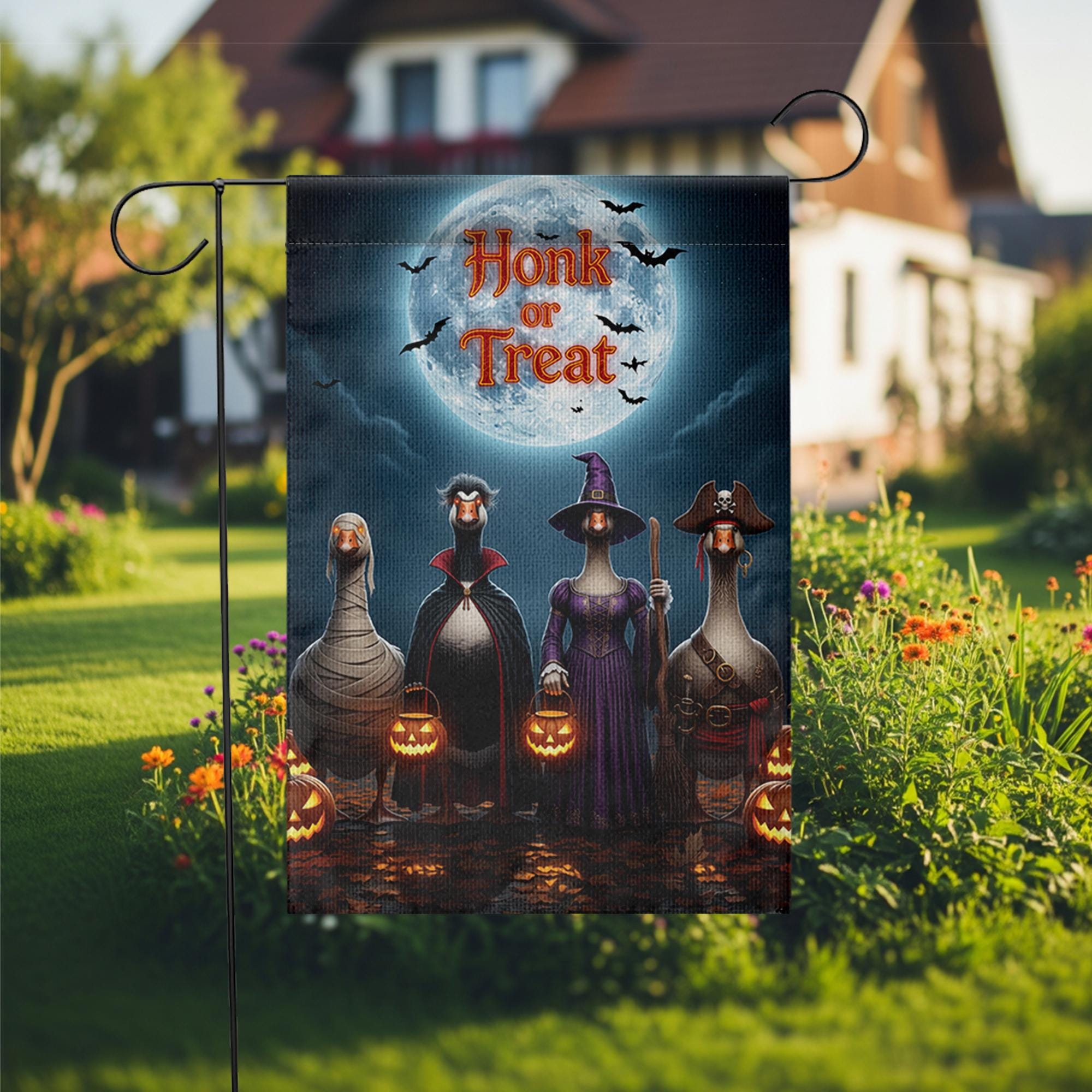 Honk or Treat Halloween Garden Flag – Funny Goose Yard Decor with Costumes, Pumpkins & Full Moon – Spooky Fall Outdoor Sign