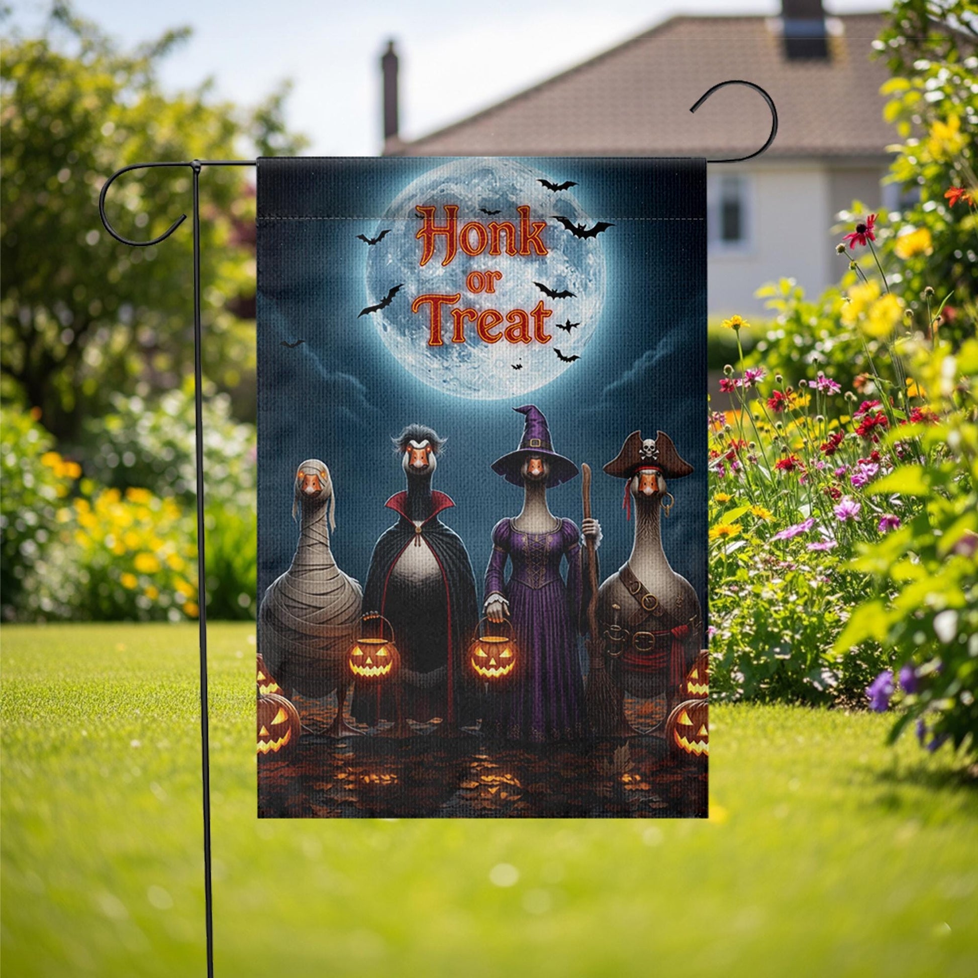 Honk or Treat Halloween Garden Flag – Funny Goose Yard Decor with Costumes, Pumpkins & Full Moon – Spooky Fall Outdoor Sign