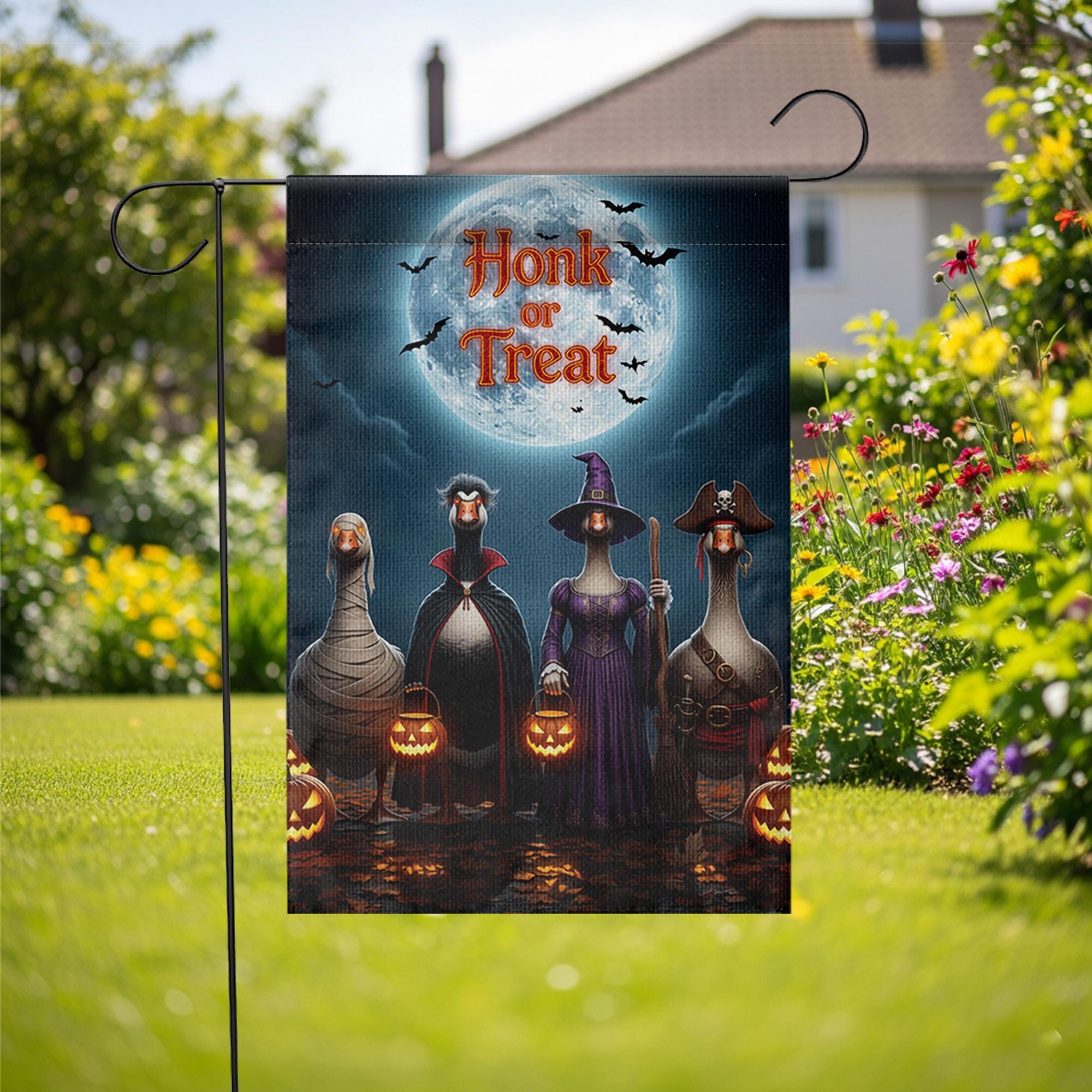 Honk or Treat Halloween Garden Flag – Funny Goose Yard Decor with Costumes, Pumpkins & Full Moon – Spooky Fall Outdoor Sign