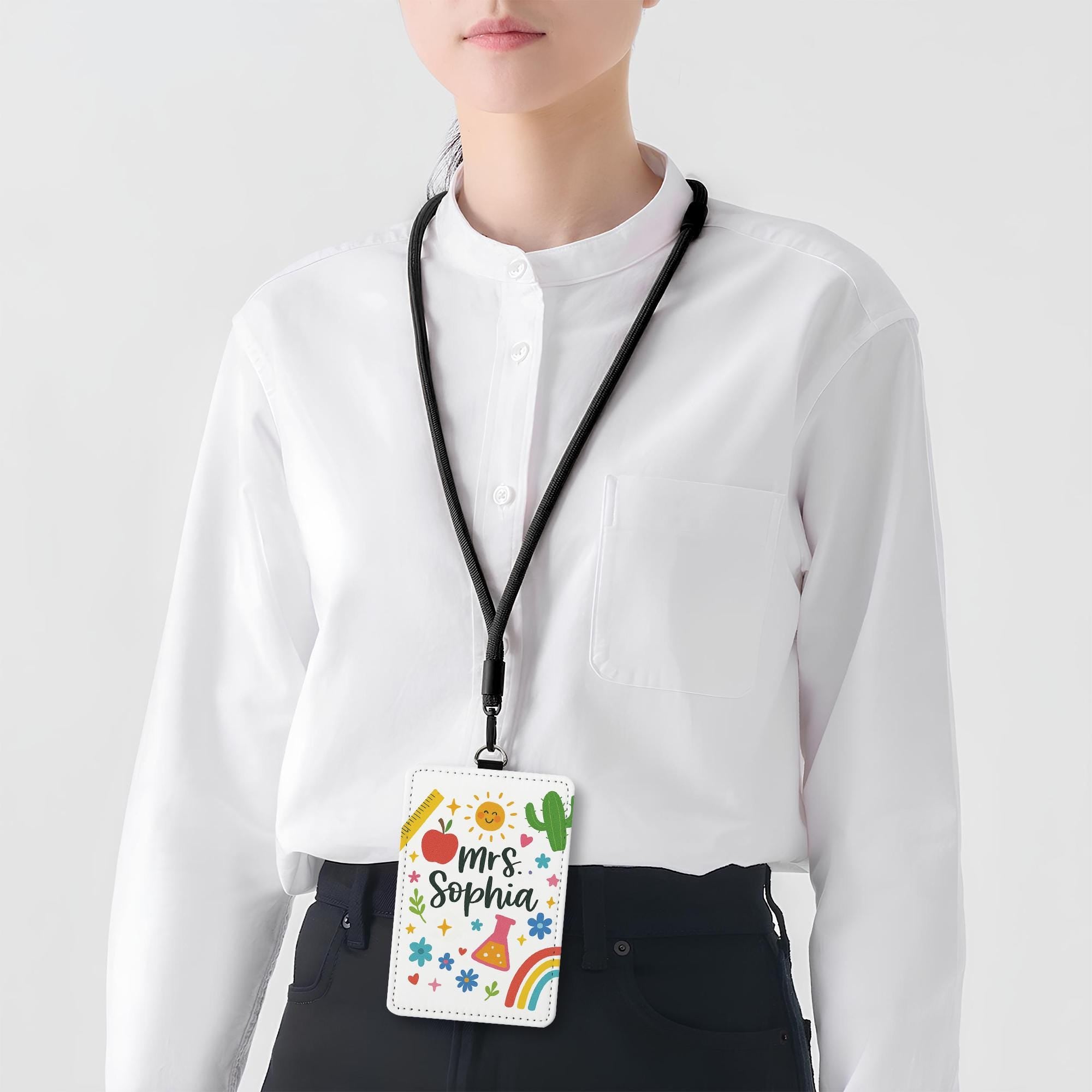 Personalized Teacher ID Badge Holder – Cute Custom Name Lanyard Card with Rainbow, Flowers, Icons – Back to School Teacher Gift, Classroom
