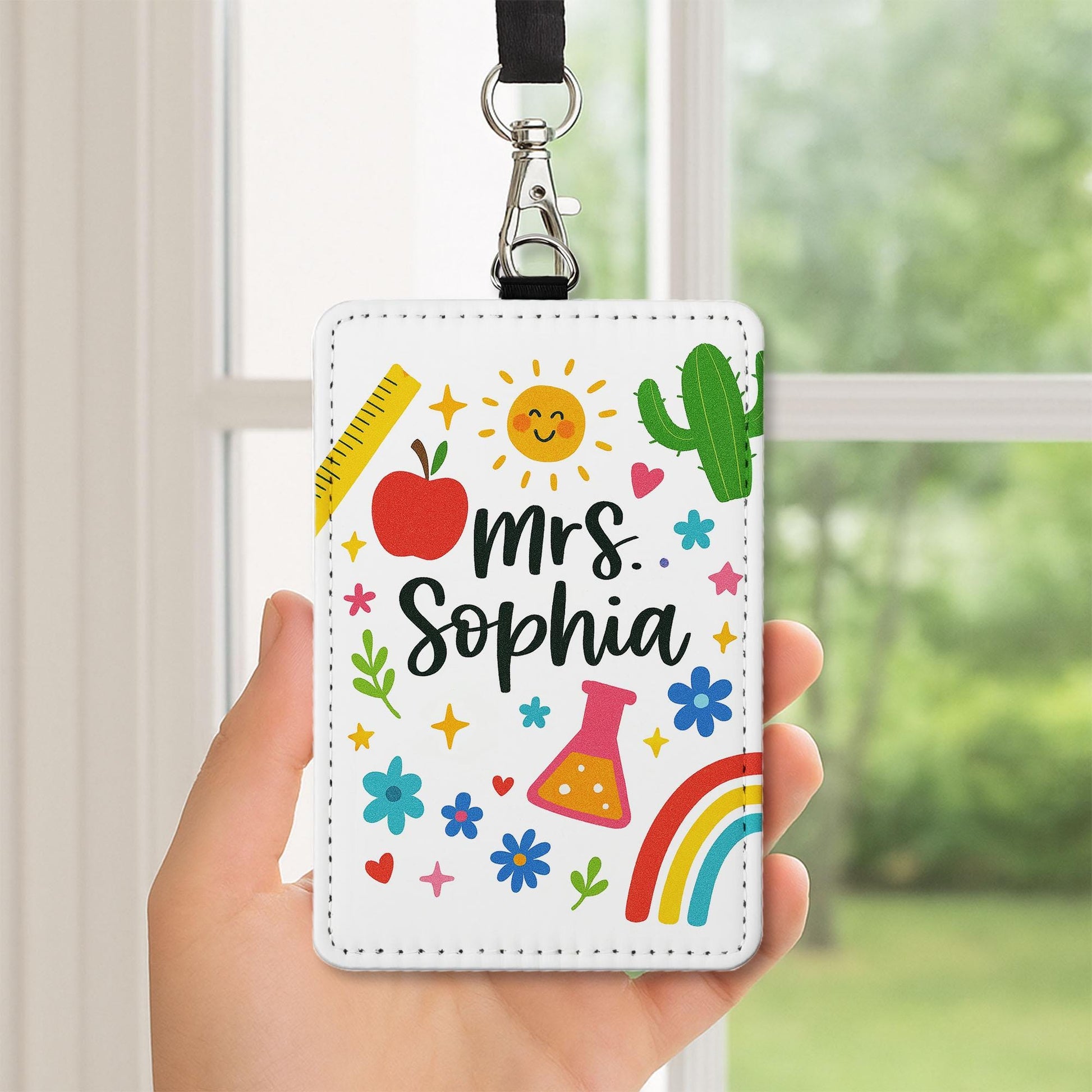 Personalized Teacher ID Badge Holder – Cute Custom Name Lanyard Card with Rainbow, Flowers, Icons – Back to School Teacher Gift, Classroom