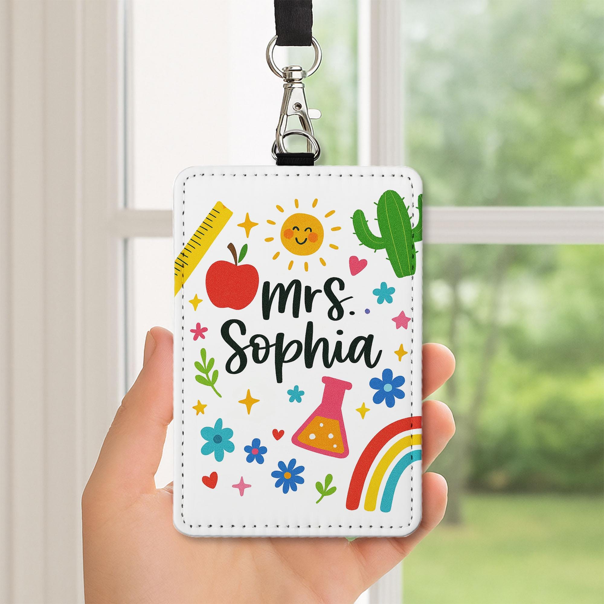 Personalized Teacher ID Badge Holder – Cute Custom Name Lanyard Card with Rainbow, Flowers, Icons – Back to School Teacher Gift, Classroom