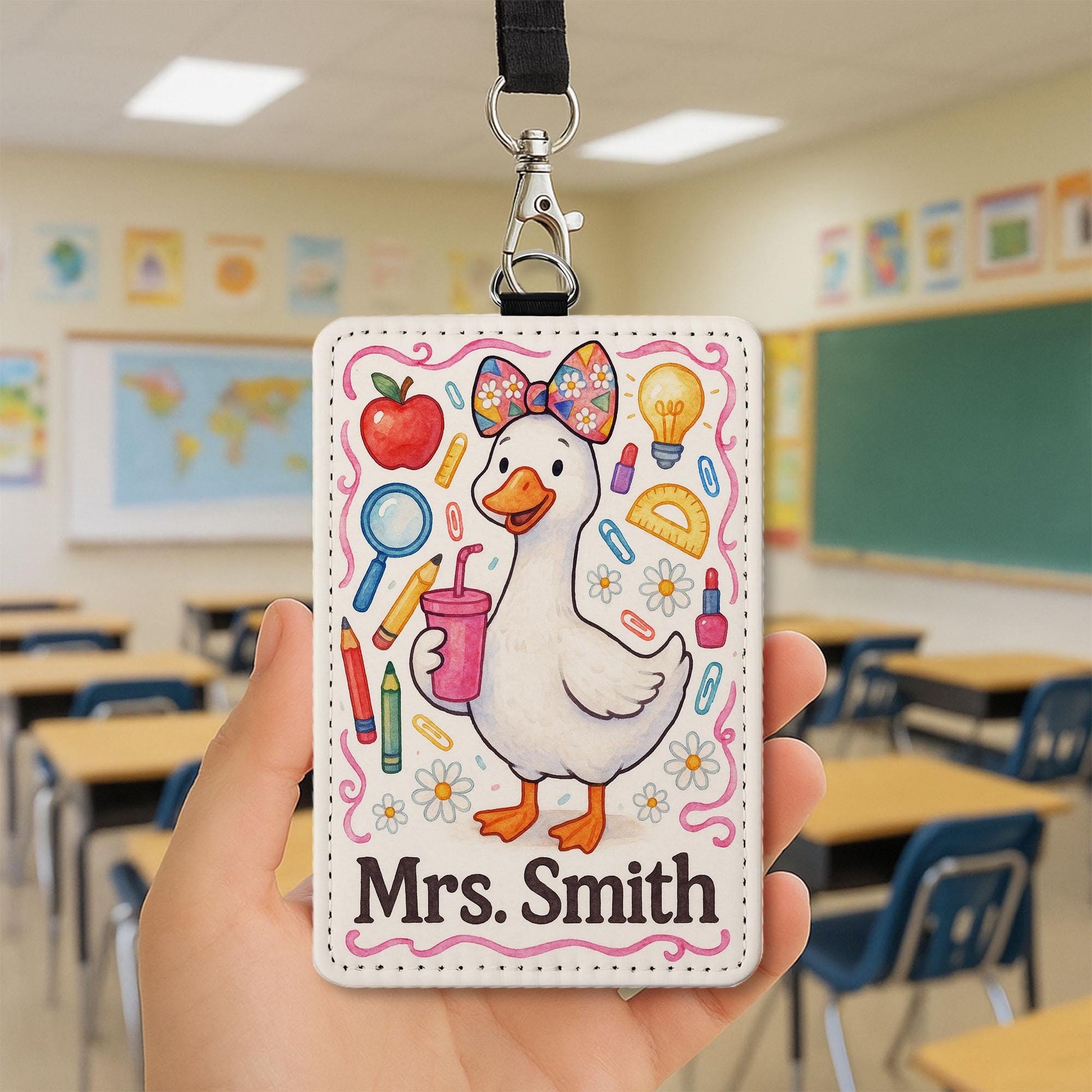 Teacher Duck Badge Reel, Cute Duck ID Holder for Women, Personalized Name Tag, Funny Teacher Gift, Custom Lanyard with Clip