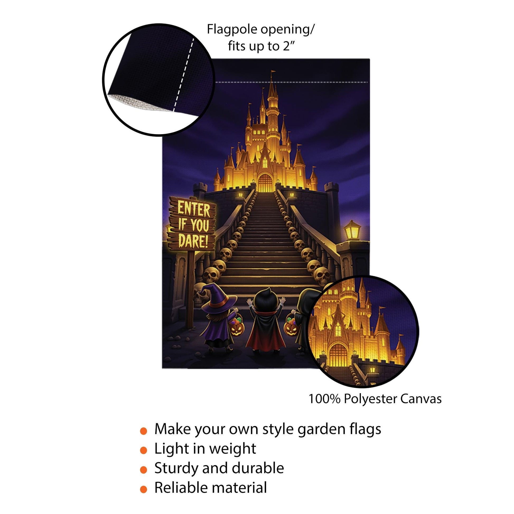 Enter If You Dare Halloween Garden Flag – Spooky Castle Yard Decor with Trick or Treat Kids and Glowing Stairway