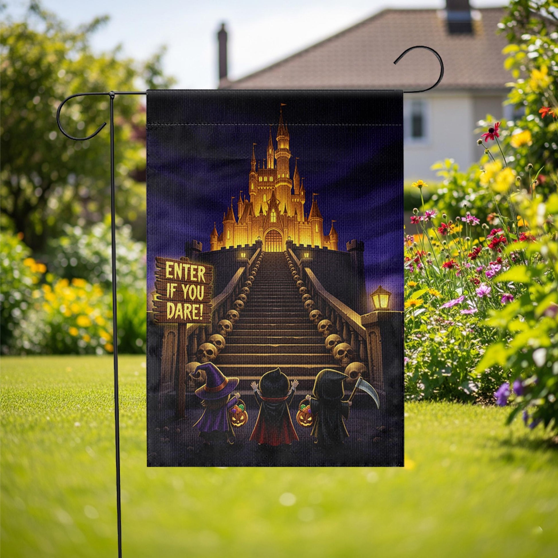Enter If You Dare Halloween Garden Flag – Spooky Castle Yard Decor with Trick or Treat Kids and Glowing Stairway