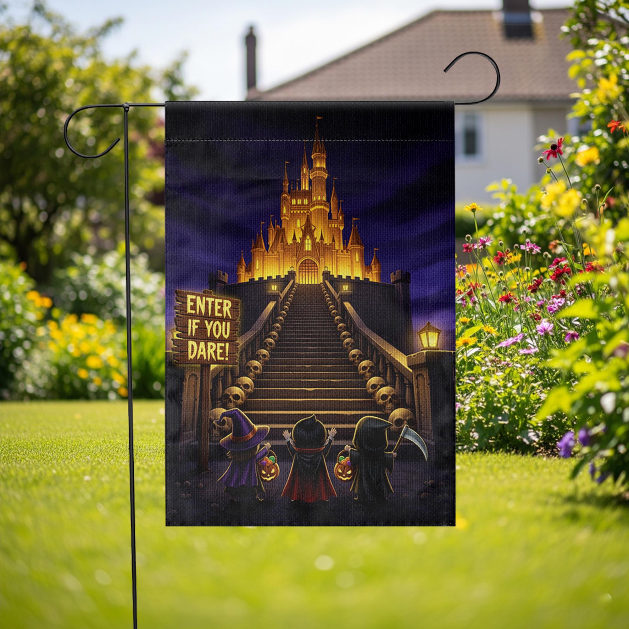 Enter If You Dare Halloween Garden Flag – Spooky Castle Yard Decor with Trick or Treat Kids and Glowing Stairway
