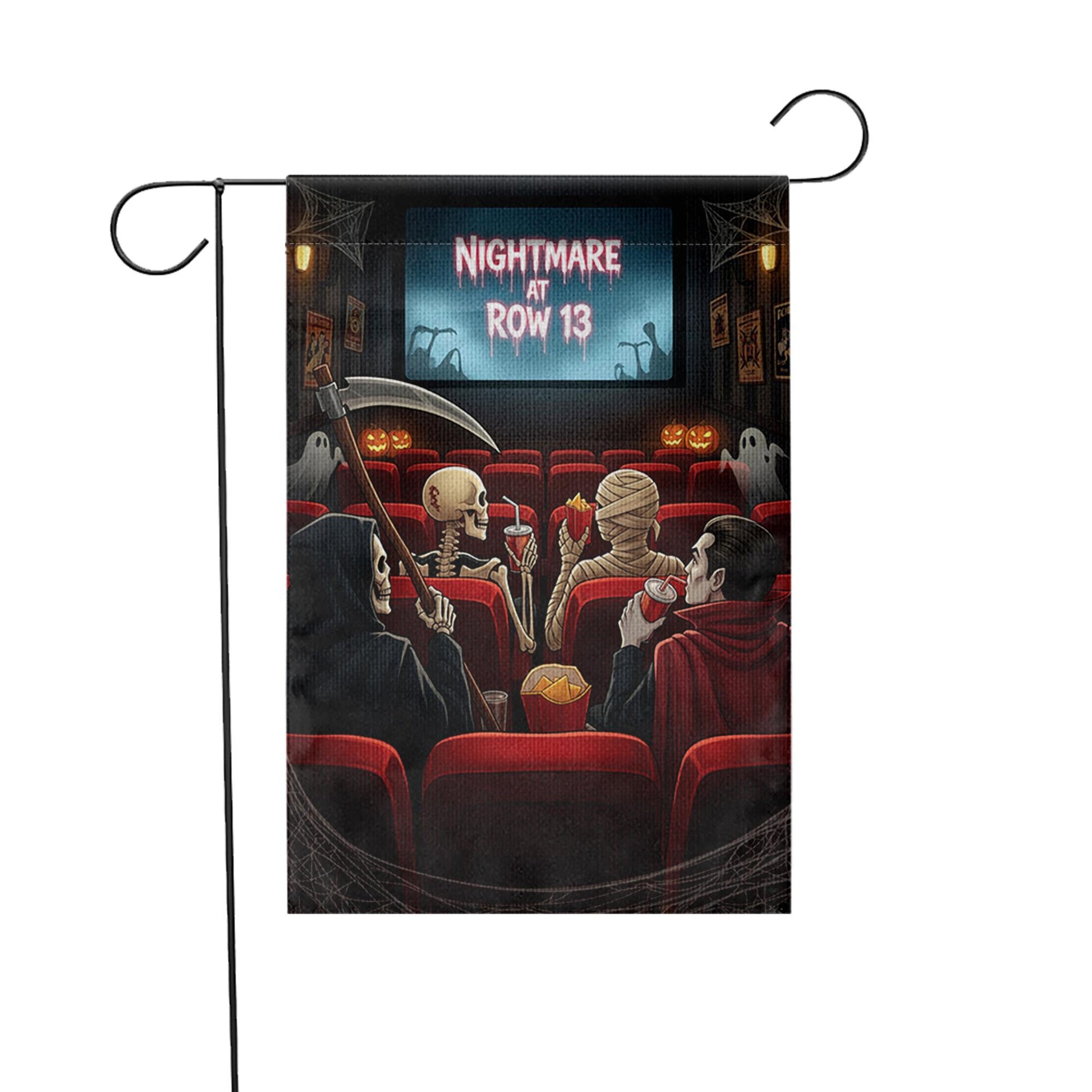 Nightmare at Row 13 Halloween Garden Flag – Funny Horror Movie Theater Decor with Skeleton, Mummy, Reaper, Vampire