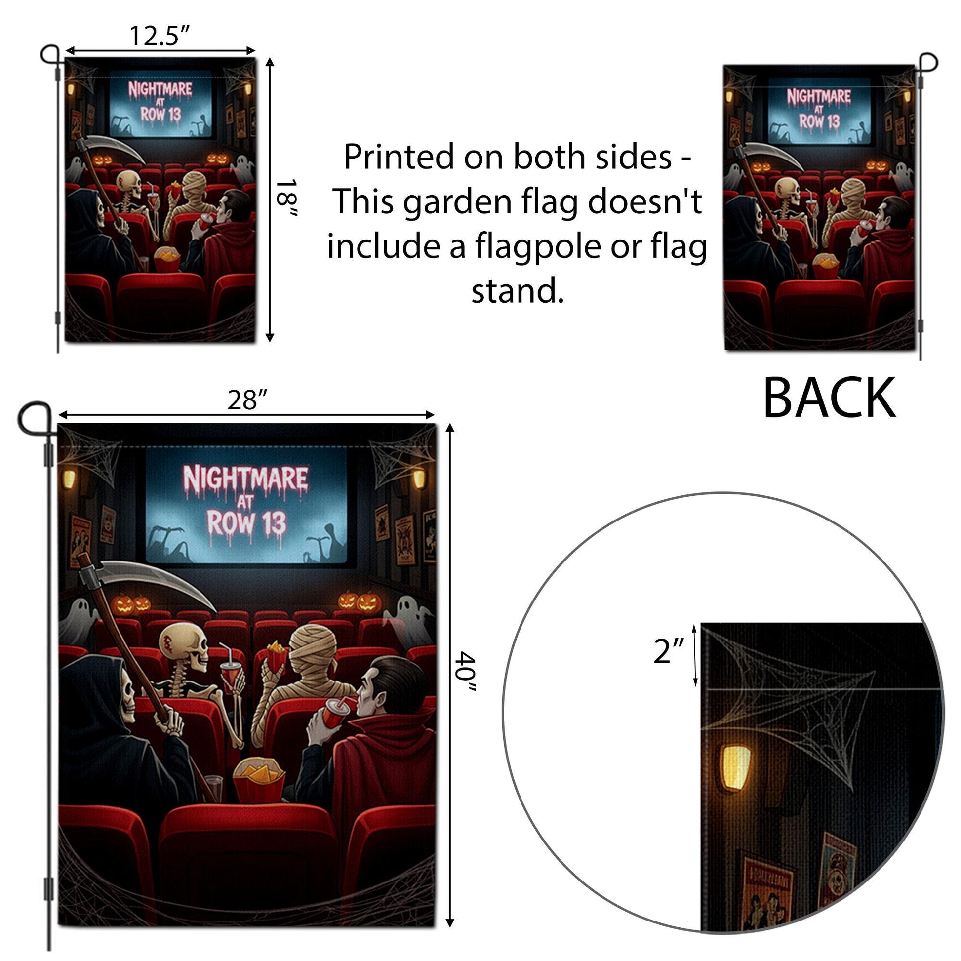 Nightmare at Row 13 Halloween Garden Flag – Funny Horror Movie Theater Decor with Skeleton, Mummy, Reaper, Vampire