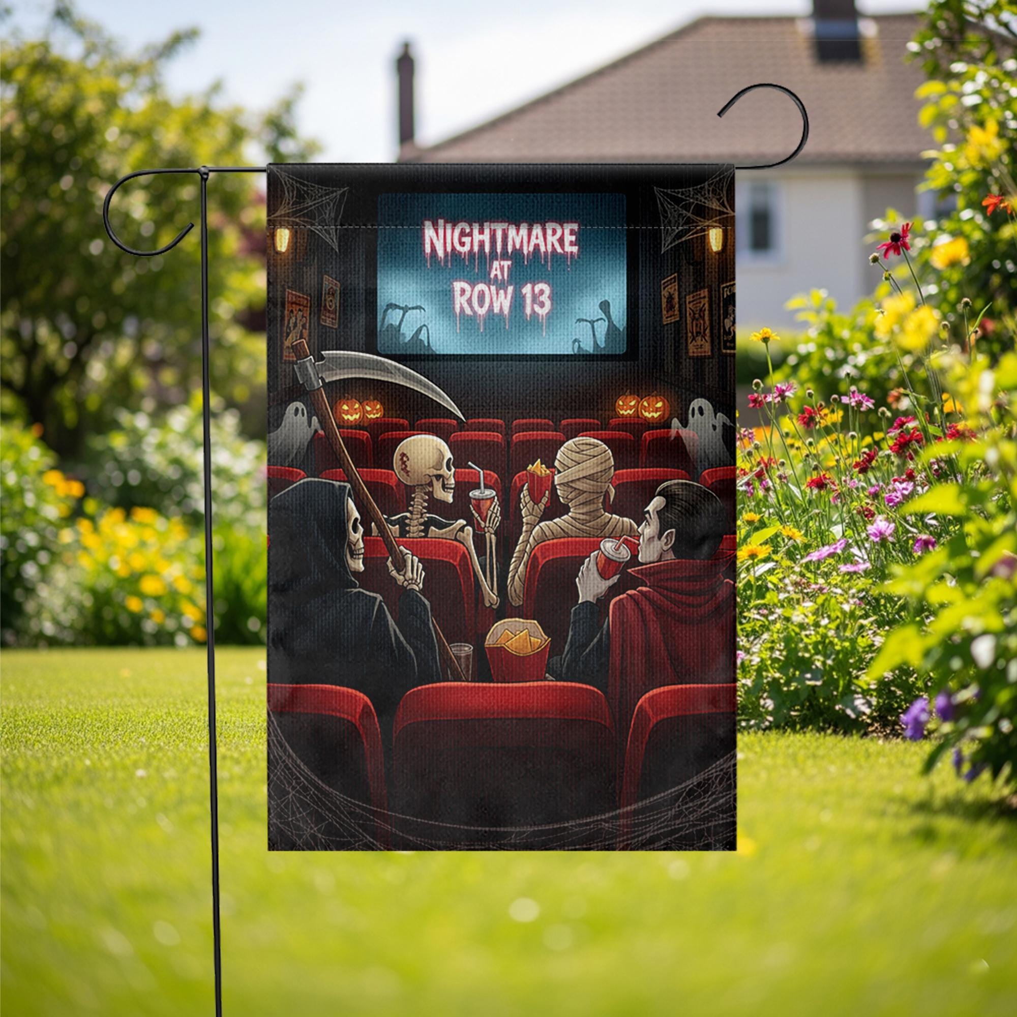 Nightmare at Row 13 Halloween Garden Flag – Funny Horror Movie Theater Decor with Skeleton, Mummy, Reaper, Vampire