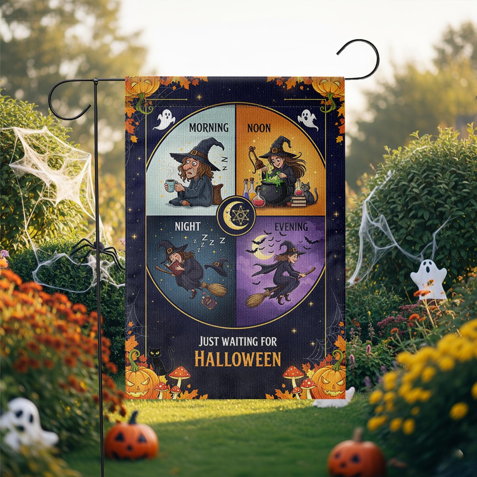 Just Waiting for Halloween Garden Flag – Funny Witch Daily Routine Yard Decor for Spooky Season – Cute Fall Outdoor Sign