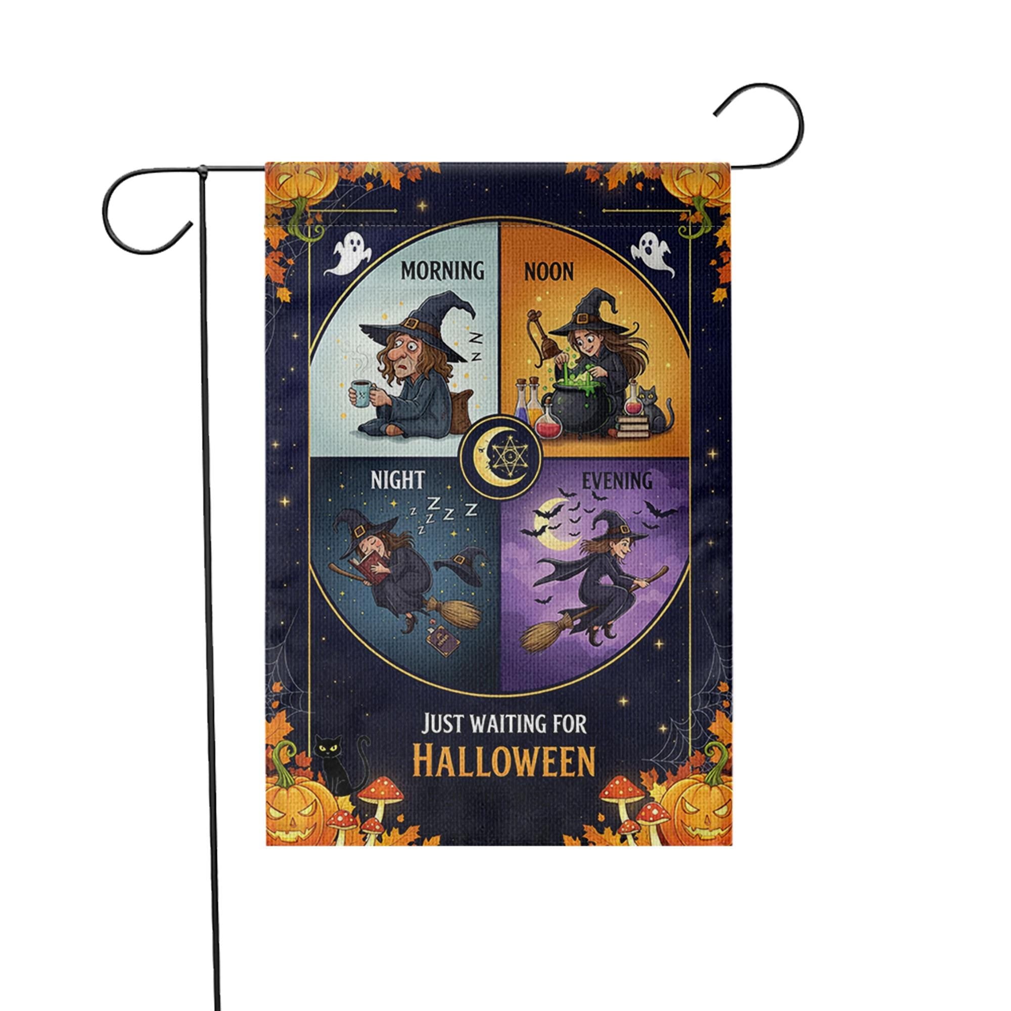 Just Waiting for Halloween Garden Flag – Funny Witch Daily Routine Yard Decor for Spooky Season – Cute Fall Outdoor Sign