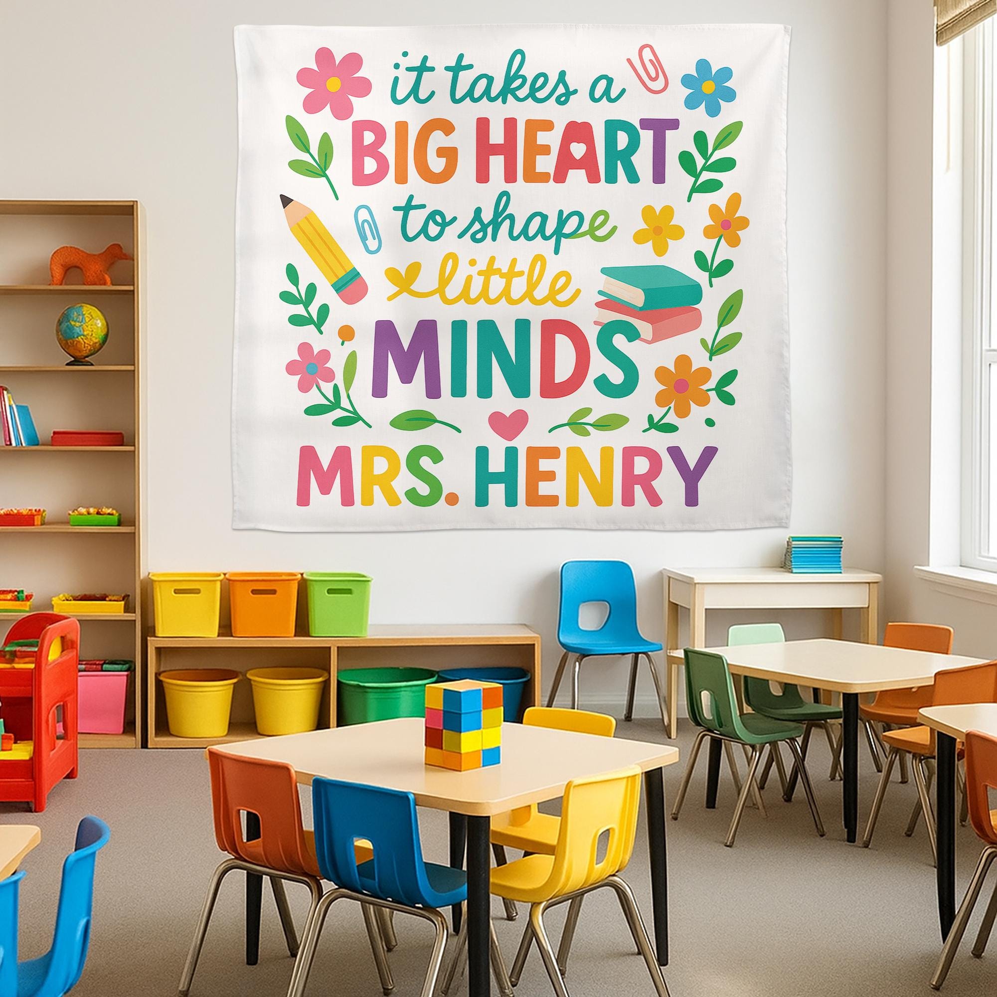 Teacher Wall Tapestry, Big Heart Little Minds Sign, Classroom Decor Personalized, Teacher Gift Banner, Custom Teacher Name Flag
