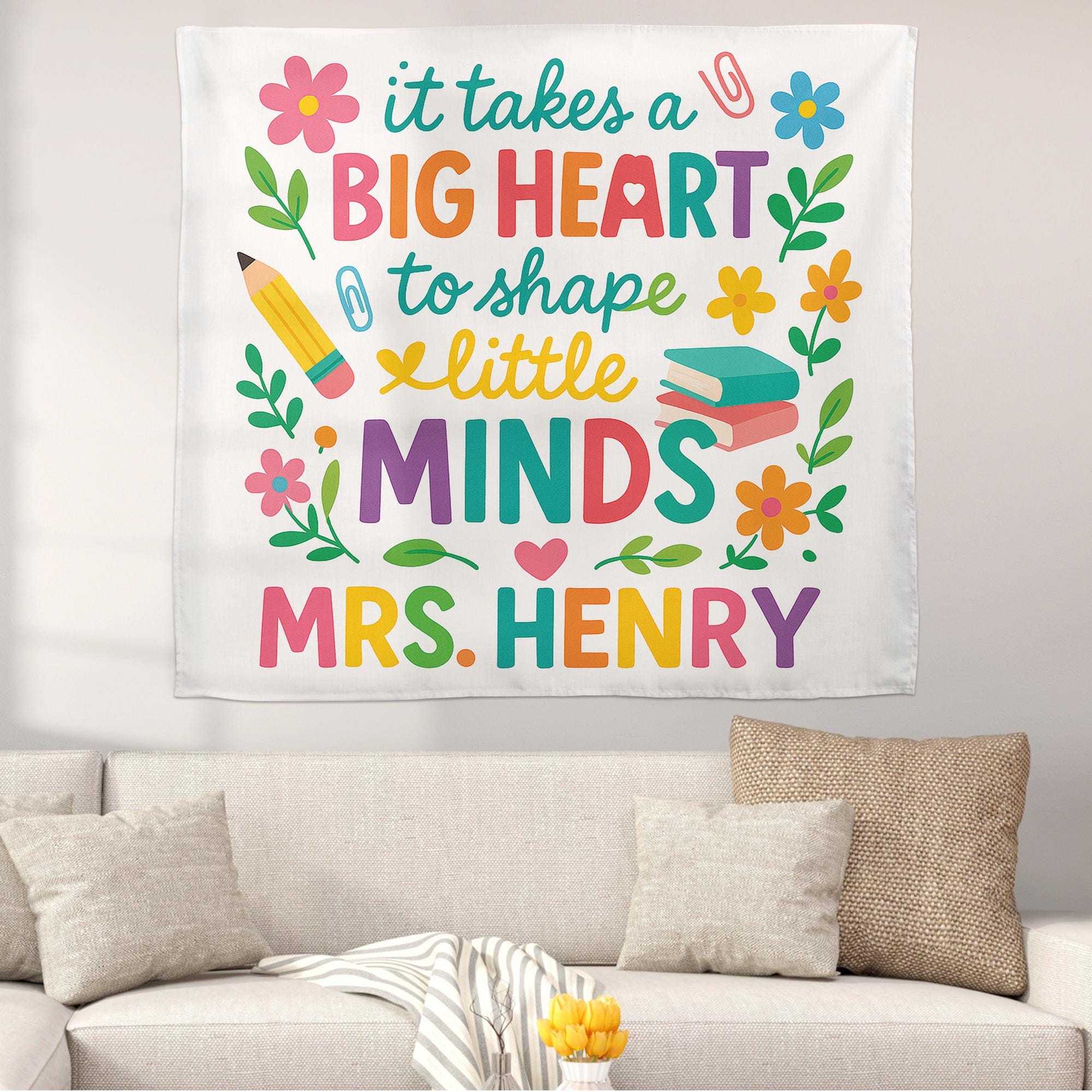 Teacher Wall Tapestry, Big Heart Little Minds Sign, Classroom Decor Personalized, Teacher Gift Banner, Custom Teacher Name Flag