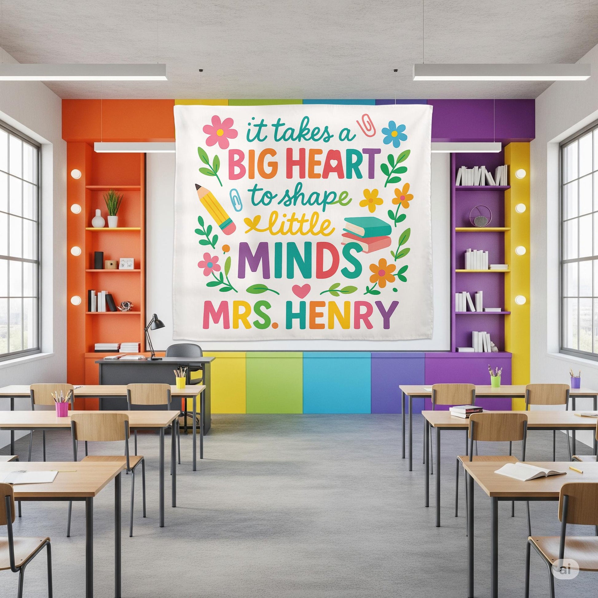 Teacher Wall Tapestry, Big Heart Little Minds Sign, Classroom Decor Personalized, Teacher Gift Banner, Custom Teacher Name Flag