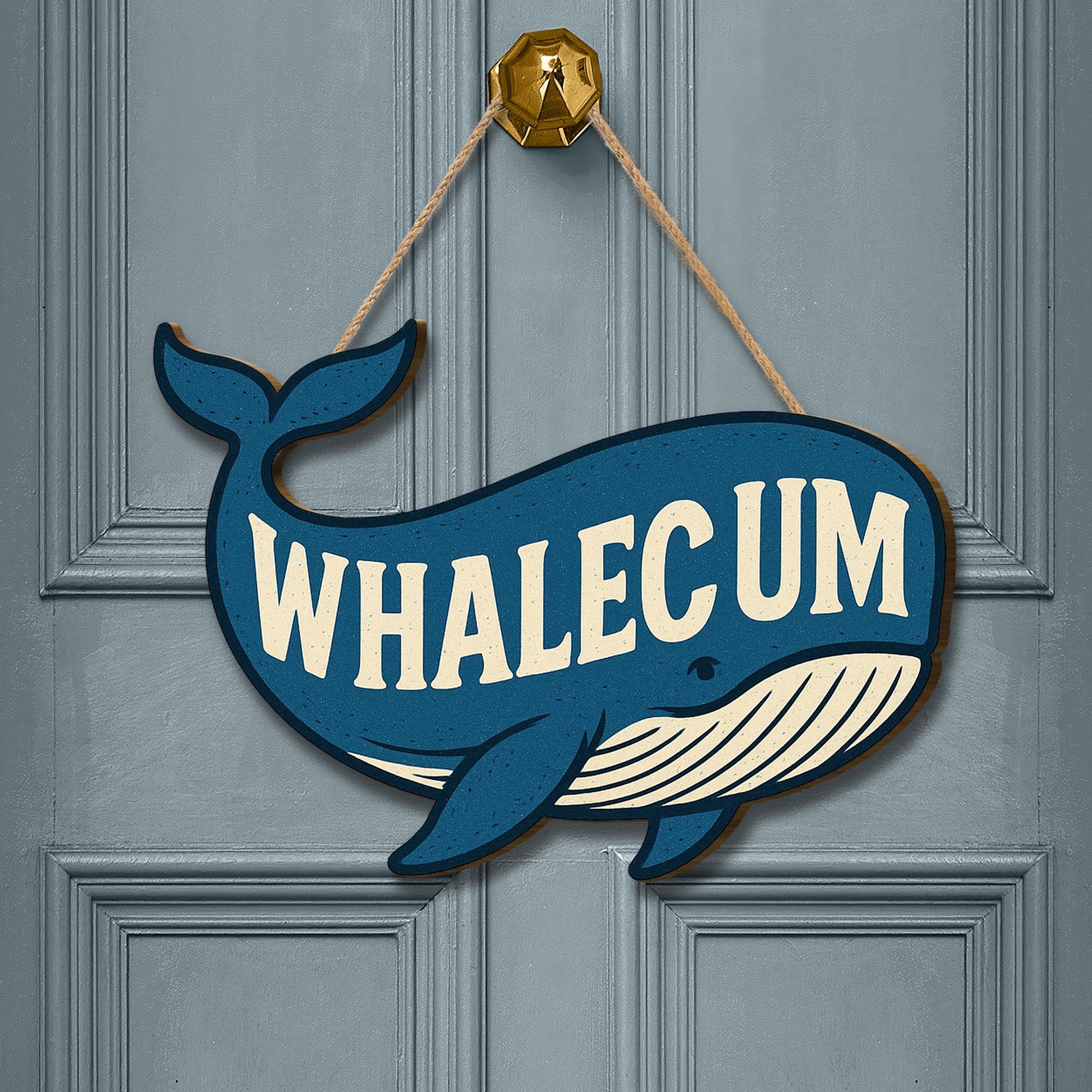 Funny Whale Door Hanger, Whalecome Sign for Bathroom or Entry, Nautical Beach House Decor, Coastal Punny Wall Hanging Gift