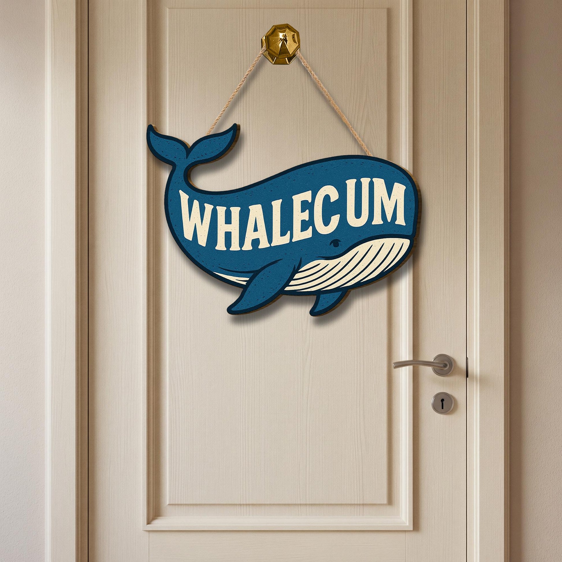 Funny Whale Door Hanger, Whalecome Sign for Bathroom or Entry, Nautical Beach House Decor, Coastal Punny Wall Hanging Gift