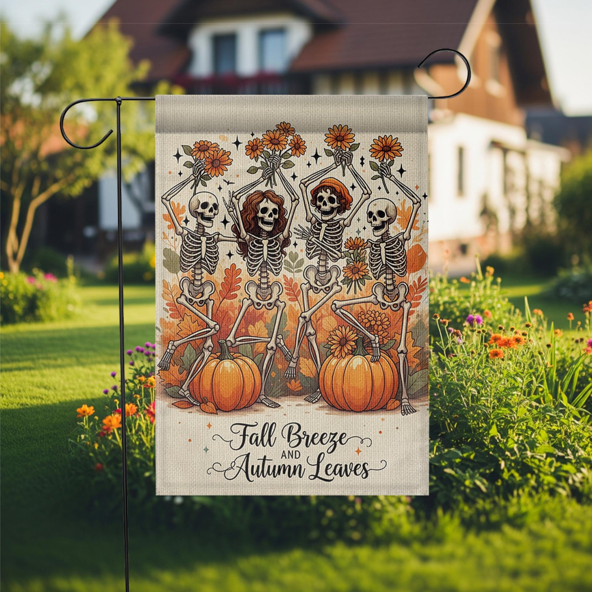 Fall Breeze Autumn Leaves Skeleton Flag, Funny Pumpkin Garden Decor, Dancing Skeleton Yard Banner, Spooky Cute Halloween Sign