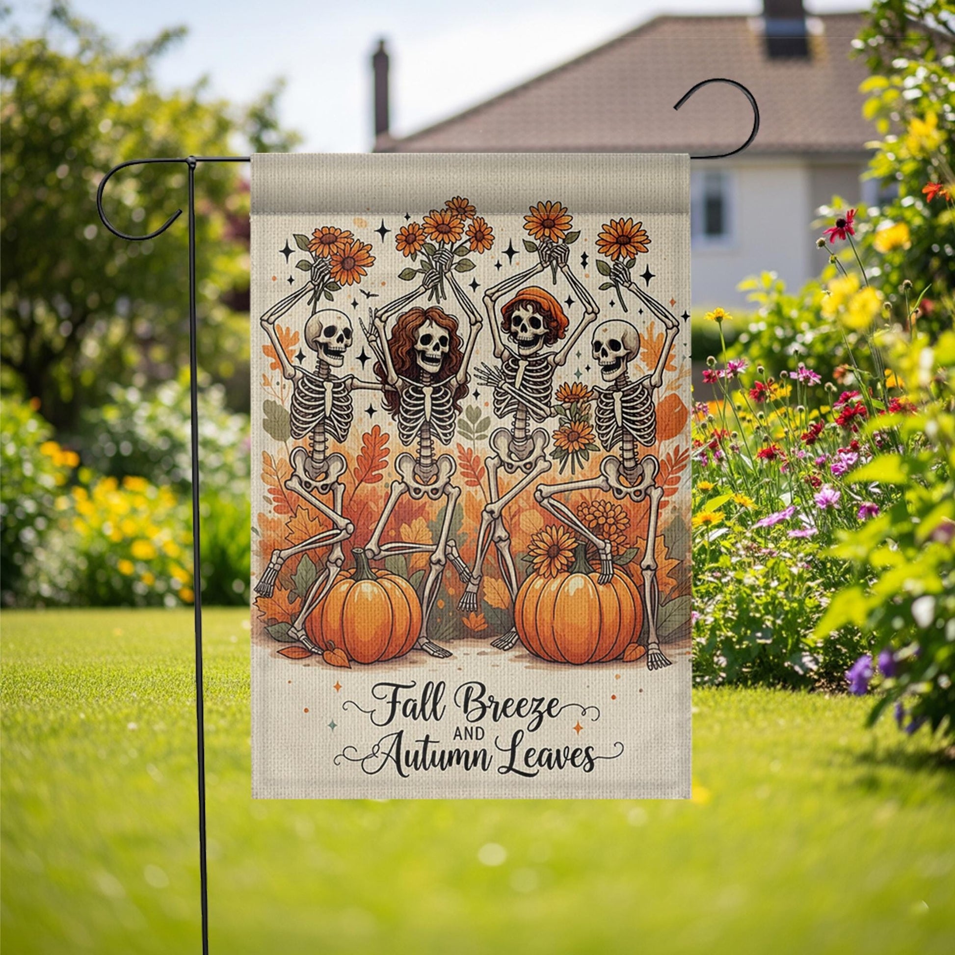 Fall Breeze Autumn Leaves Skeleton Flag, Funny Pumpkin Garden Decor, Dancing Skeleton Yard Banner, Spooky Cute Halloween Sign