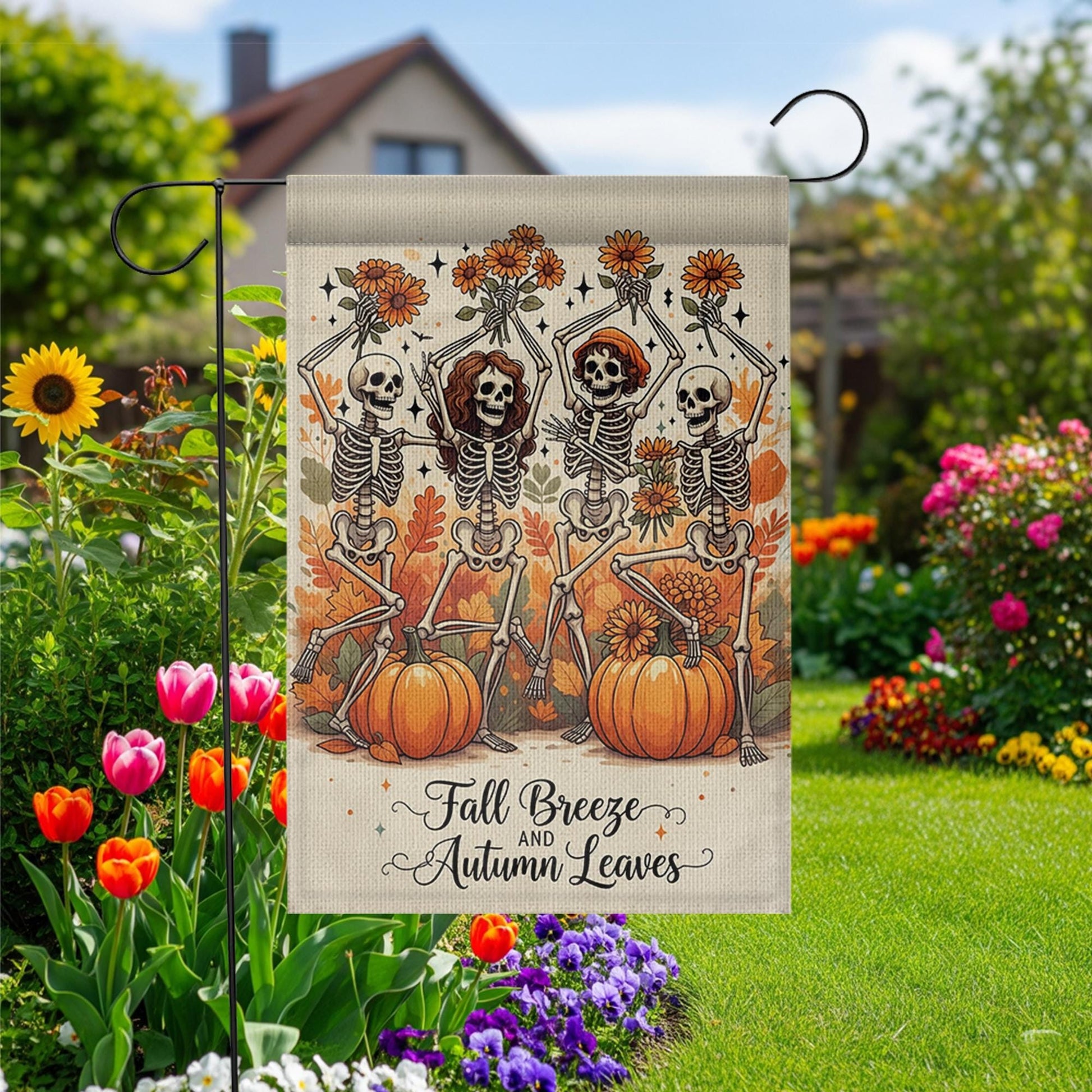 Fall Breeze Autumn Leaves Skeleton Flag, Funny Pumpkin Garden Decor, Dancing Skeleton Yard Banner, Spooky Cute Halloween Sign