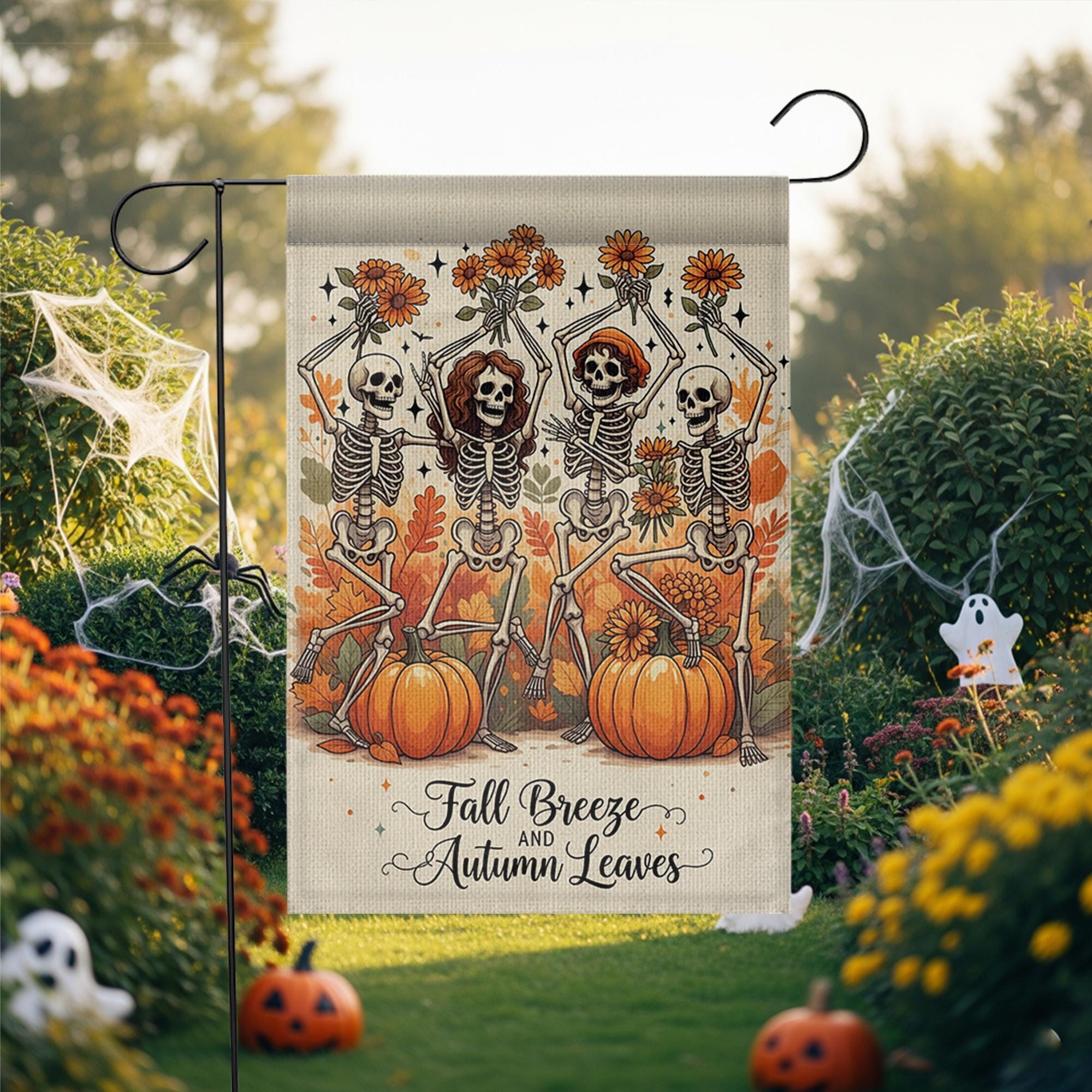 Fall Breeze Autumn Leaves Skeleton Flag, Funny Pumpkin Garden Decor, Dancing Skeleton Yard Banner, Spooky Cute Halloween Sign