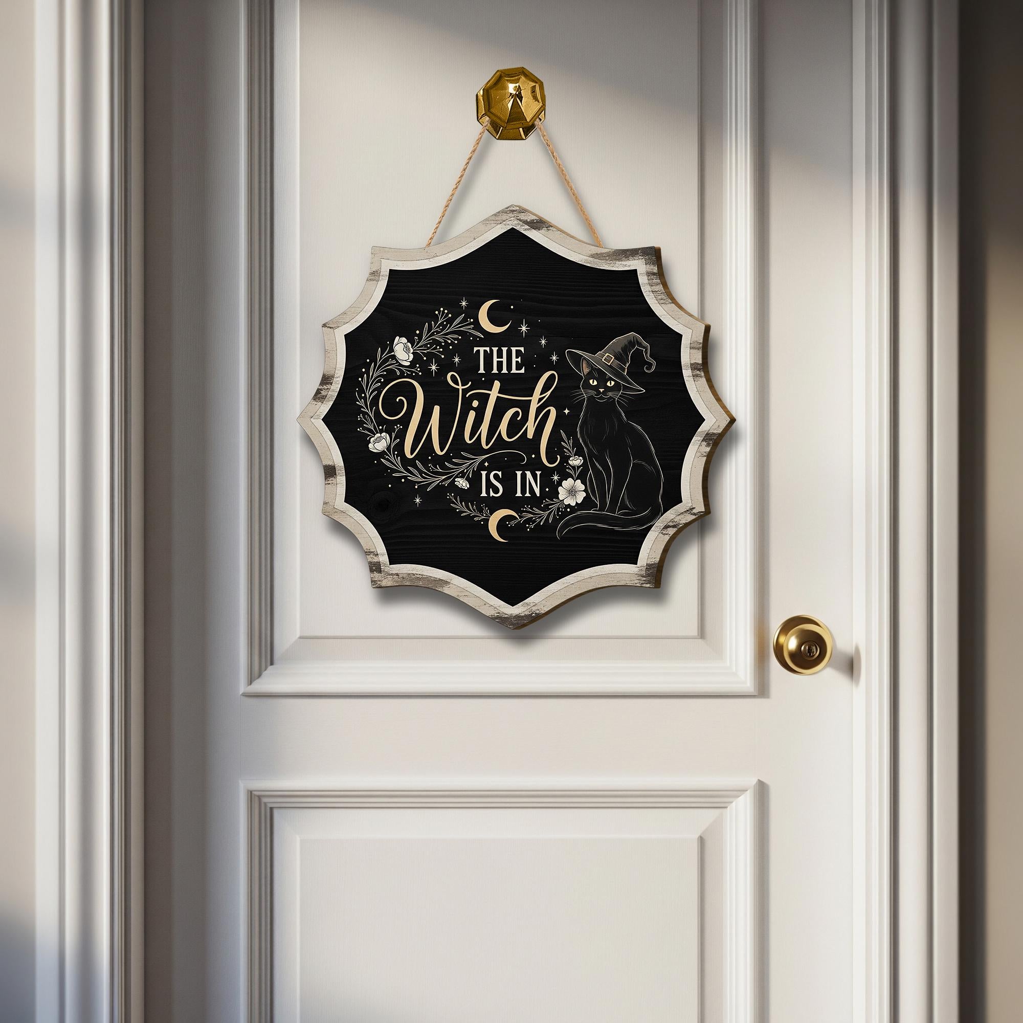 The Witch Is In Door Hanger, Gothic Halloween Sign with Black Cat, Wiccan Crescent Moon Decor, Spooky Witchy Front Door Accent