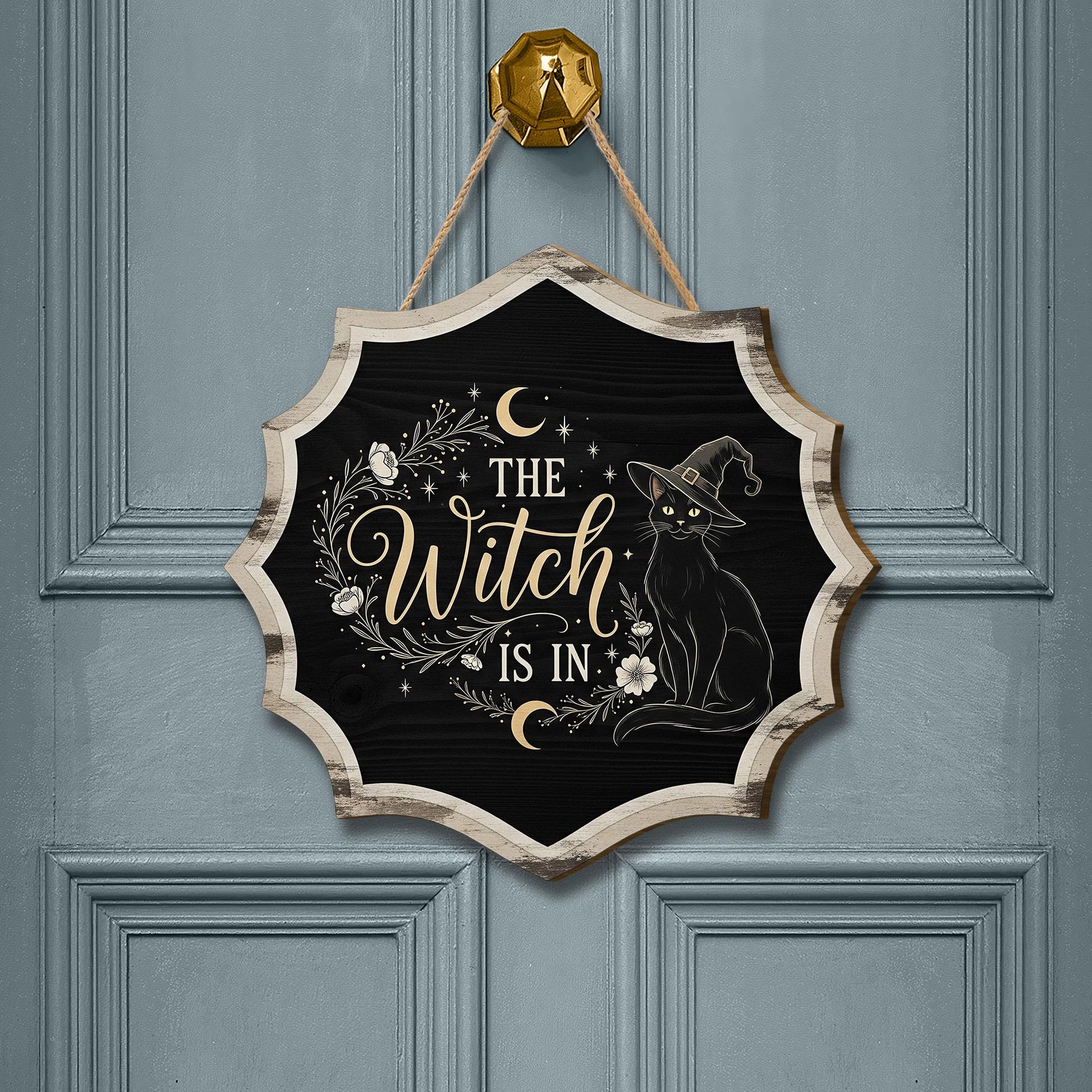 The Witch Is In Door Hanger, Gothic Halloween Sign with Black Cat, Wiccan Crescent Moon Decor, Spooky Witchy Front Door Accent