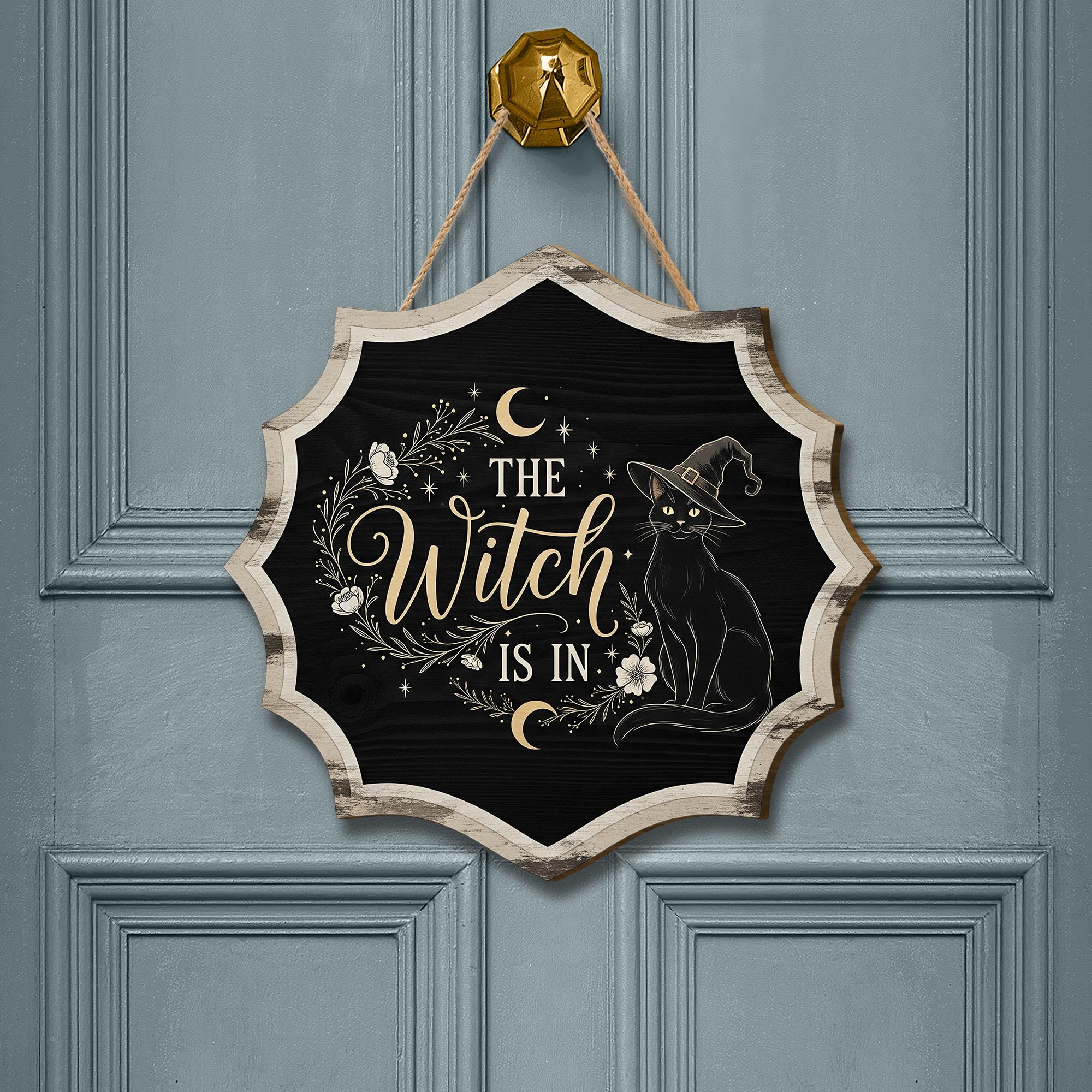 The Witch Is In Door Hanger, Gothic Halloween Sign with Black Cat, Wiccan Crescent Moon Decor, Spooky Witchy Front Door Accent