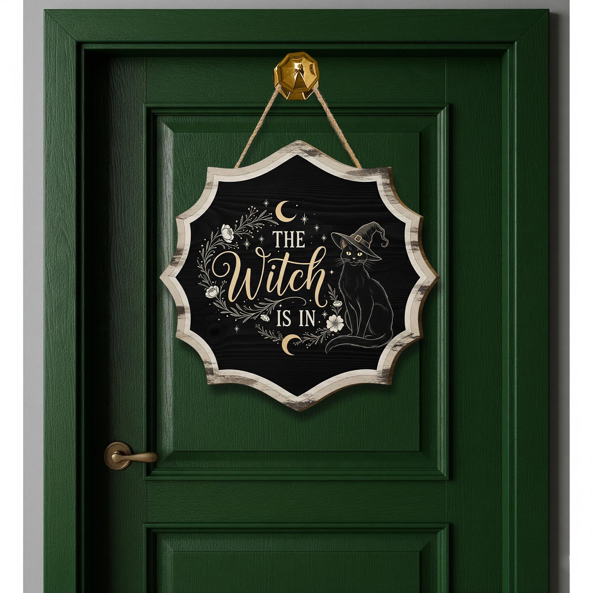 The Witch Is In Door Hanger, Gothic Halloween Sign with Black Cat, Wiccan Crescent Moon Decor, Spooky Witchy Front Door Accent