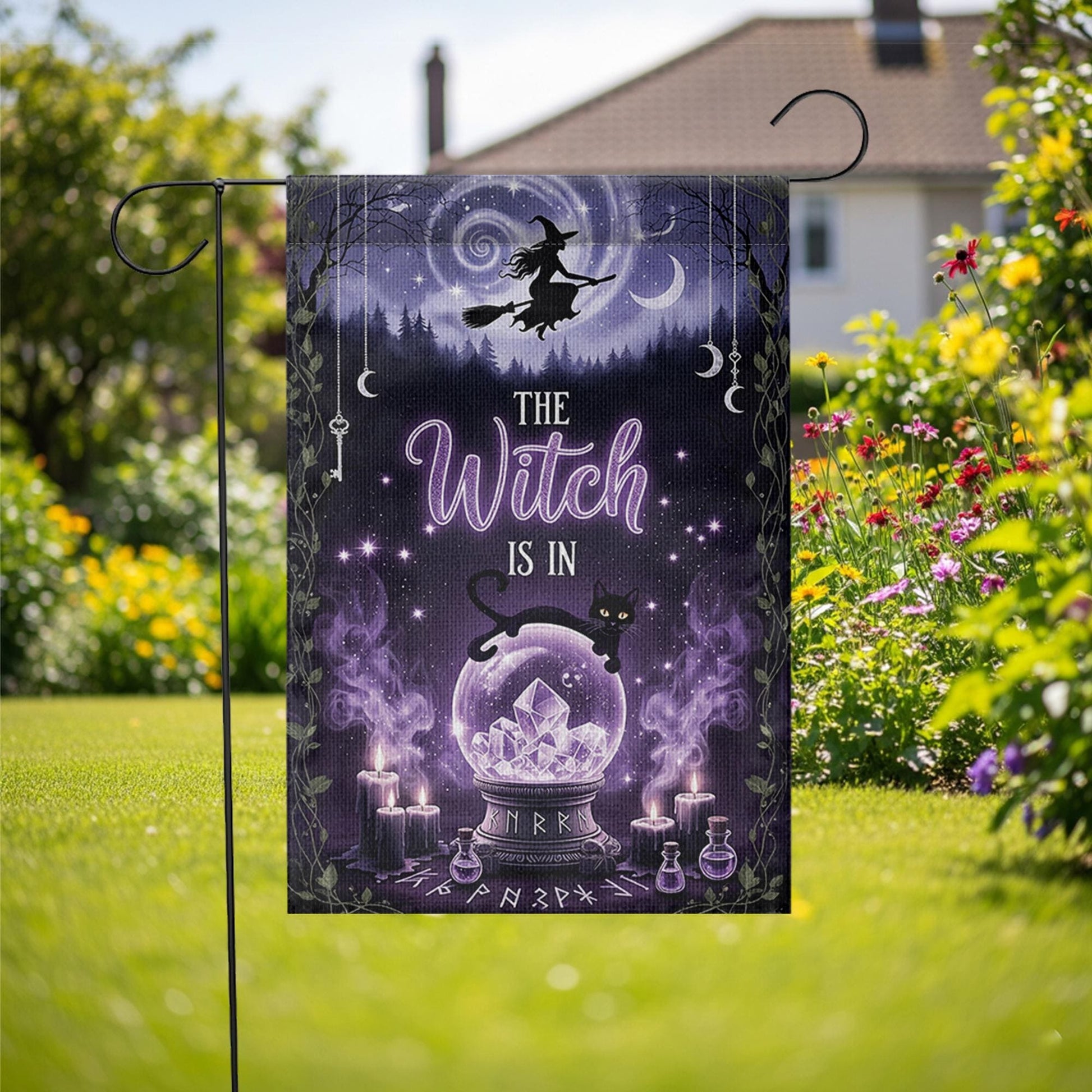 The Witch Is In Garden Flag, Purple Crystal Ball Yard Banner, Gothic Halloween Decor, Witchy Black Cat Fall Outdoor Sign