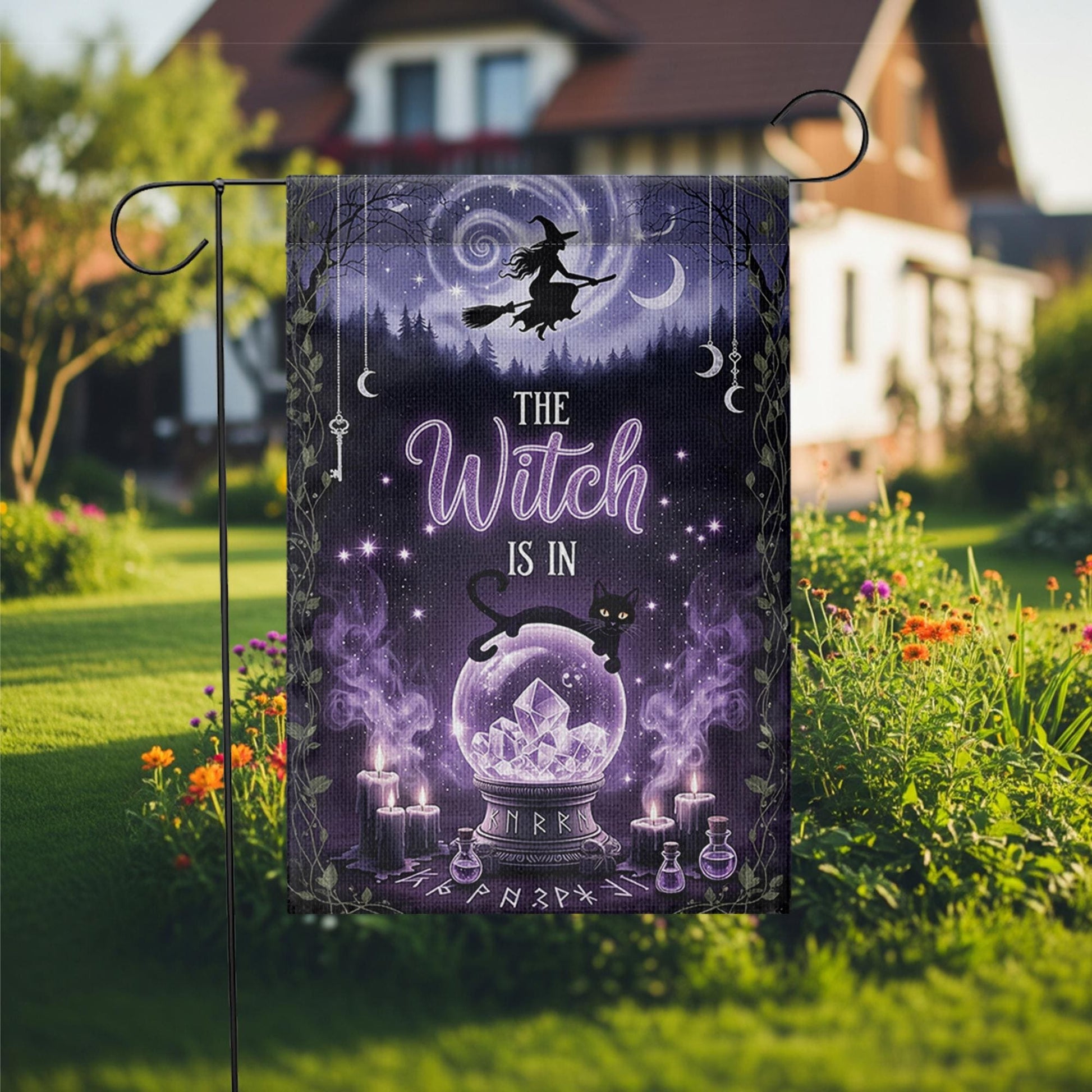 The Witch Is In Garden Flag, Purple Crystal Ball Yard Banner, Gothic Halloween Decor, Witchy Black Cat Fall Outdoor Sign