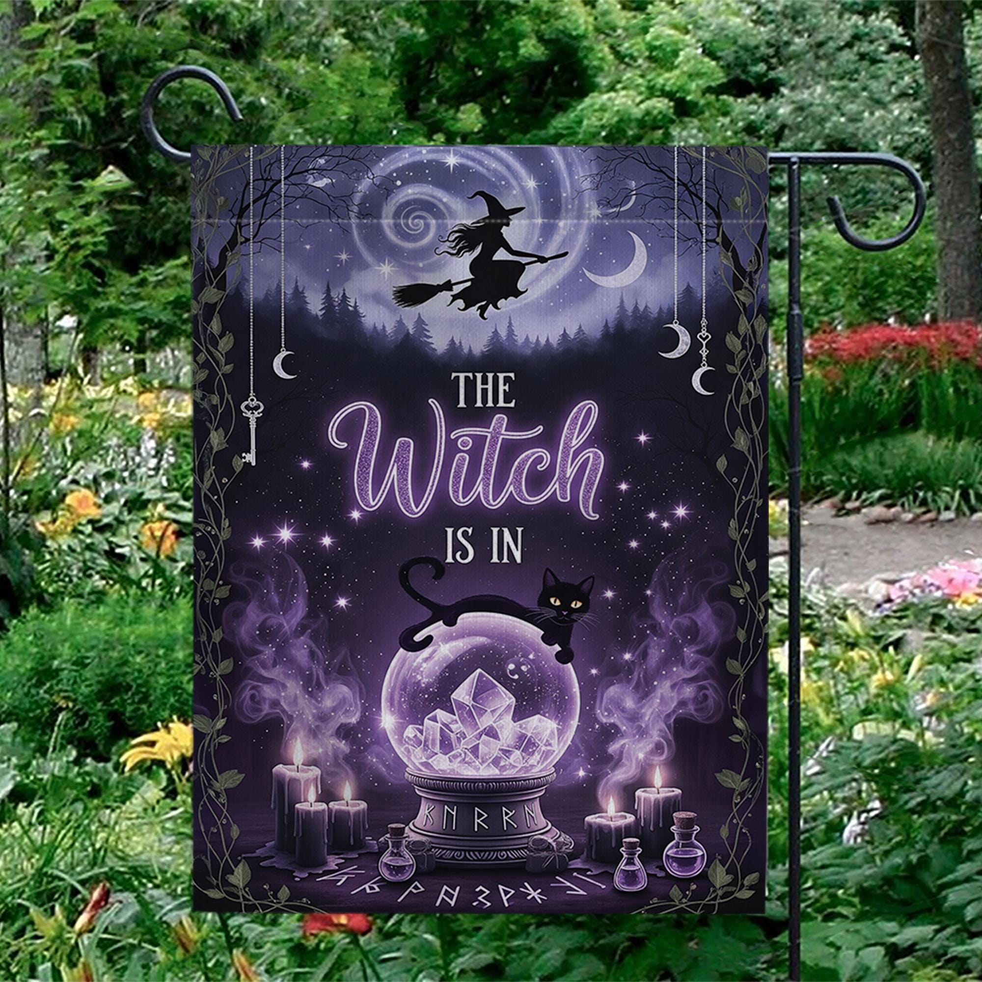 The Witch Is In Garden Flag, Purple Crystal Ball Yard Banner, Gothic Halloween Decor, Witchy Black Cat Fall Outdoor Sign