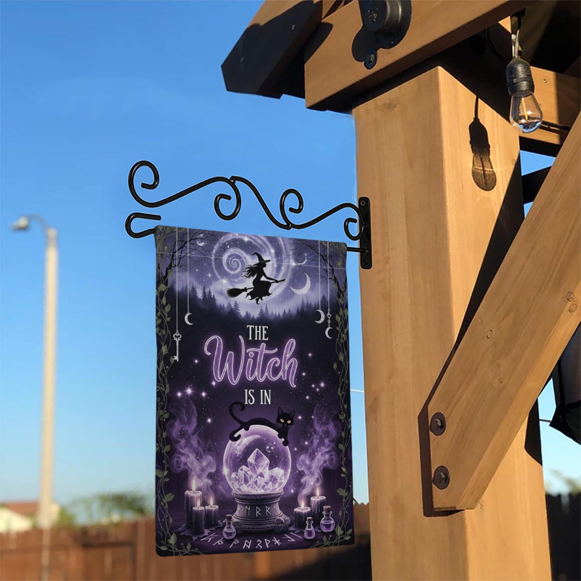 The Witch Is In Garden Flag, Purple Crystal Ball Yard Banner, Gothic Halloween Decor, Witchy Black Cat Fall Outdoor Sign
