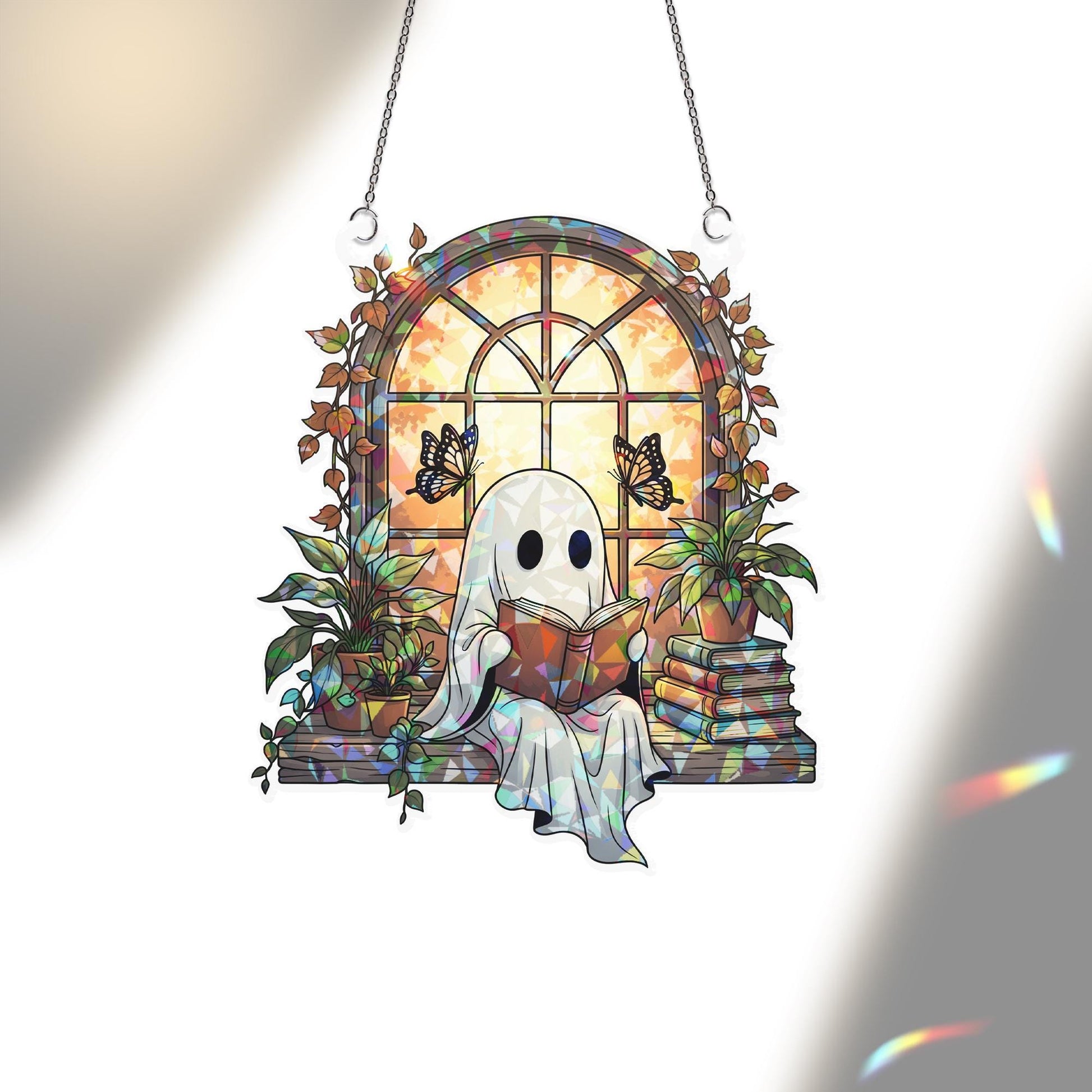 Reading Ghost Hologram Suncatcher, Cozy Fall Ghost Window Decor, Bookish Spirit Plant Lover Gift, Autumn Glassy Window Accent