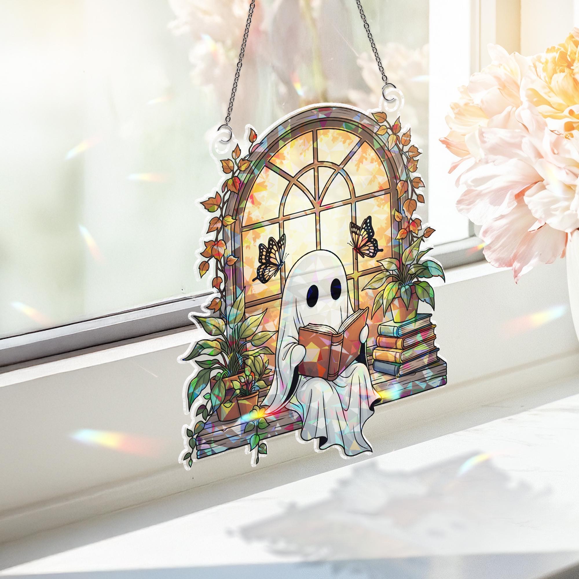 Reading Ghost Hologram Suncatcher, Cozy Fall Ghost Window Decor, Bookish Spirit Plant Lover Gift, Autumn Glassy Window Accent