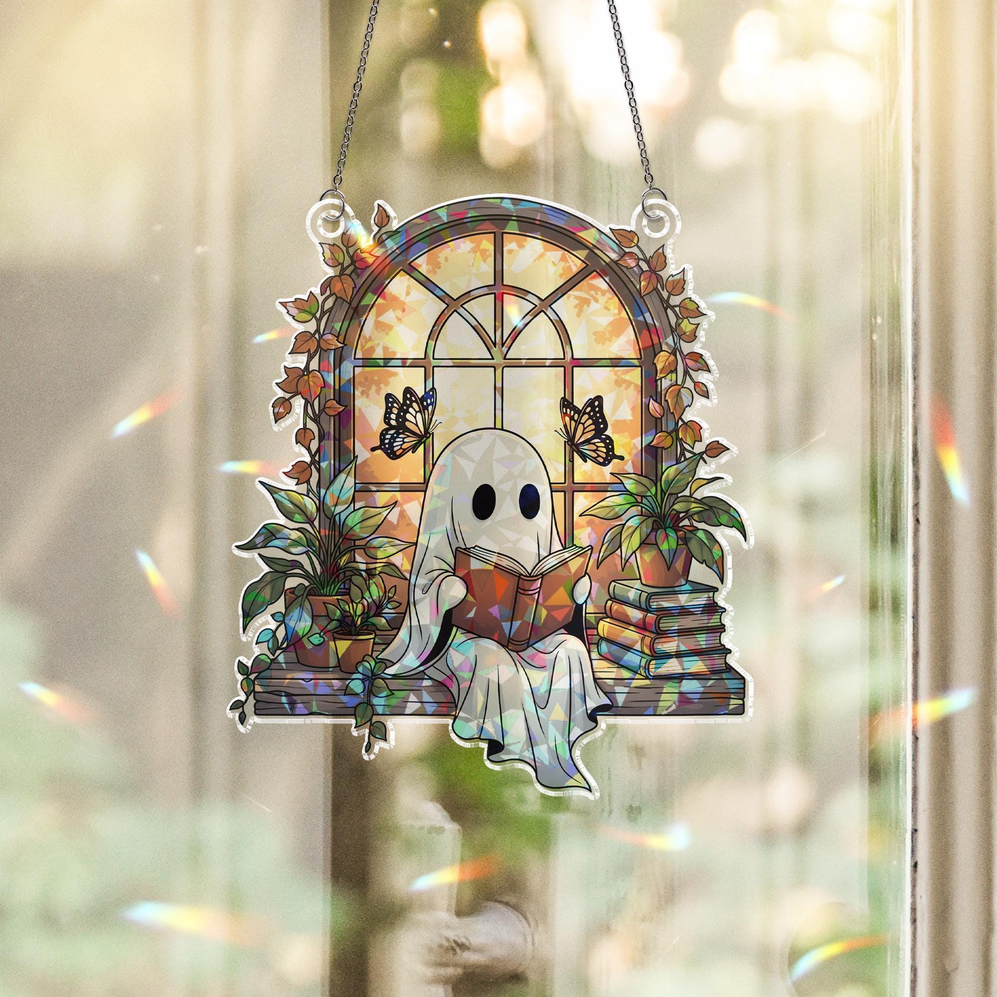 Reading Ghost Hologram Suncatcher, Cozy Fall Ghost Window Decor, Bookish Spirit Plant Lover Gift, Autumn Glassy Window Accent