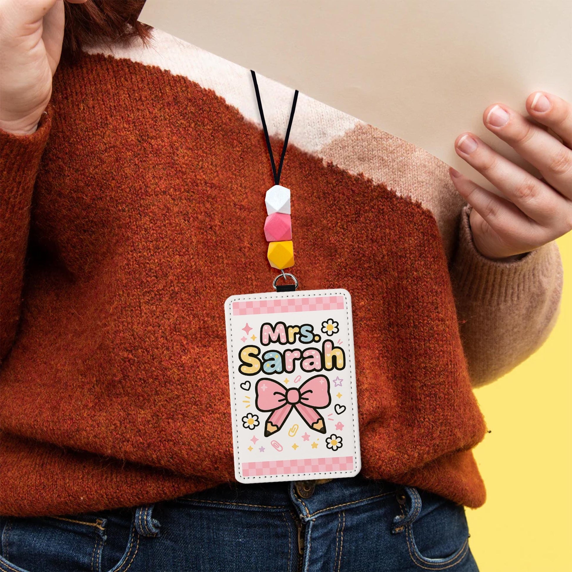 Cute Teacher Name Badge Holder, Personalized Lanyard with Beads, Kawaii ID Tag for Mrs. Sarah, Back to School Gift for Educators
