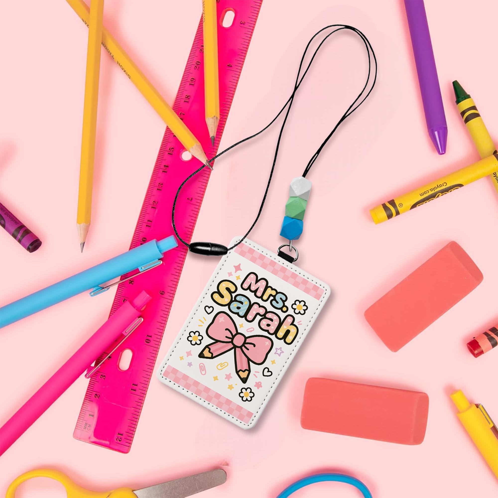 Cute Teacher Name Badge Holder, Personalized Lanyard with Beads, Kawaii ID Tag for Mrs. Sarah, Back to School Gift for Educators