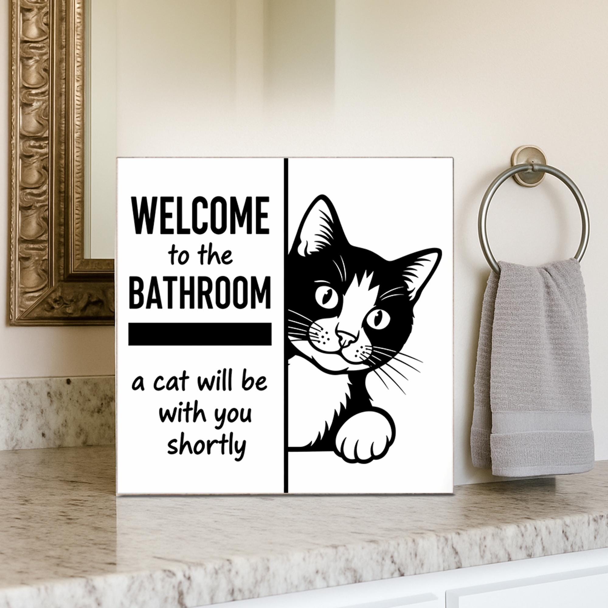 Funny Cat Bathroom Sign, Welcome Cat Will Join You Decor, Kitty Humor Wall Art, Pet Lover Gift, Cute Toilet Shelf Decor