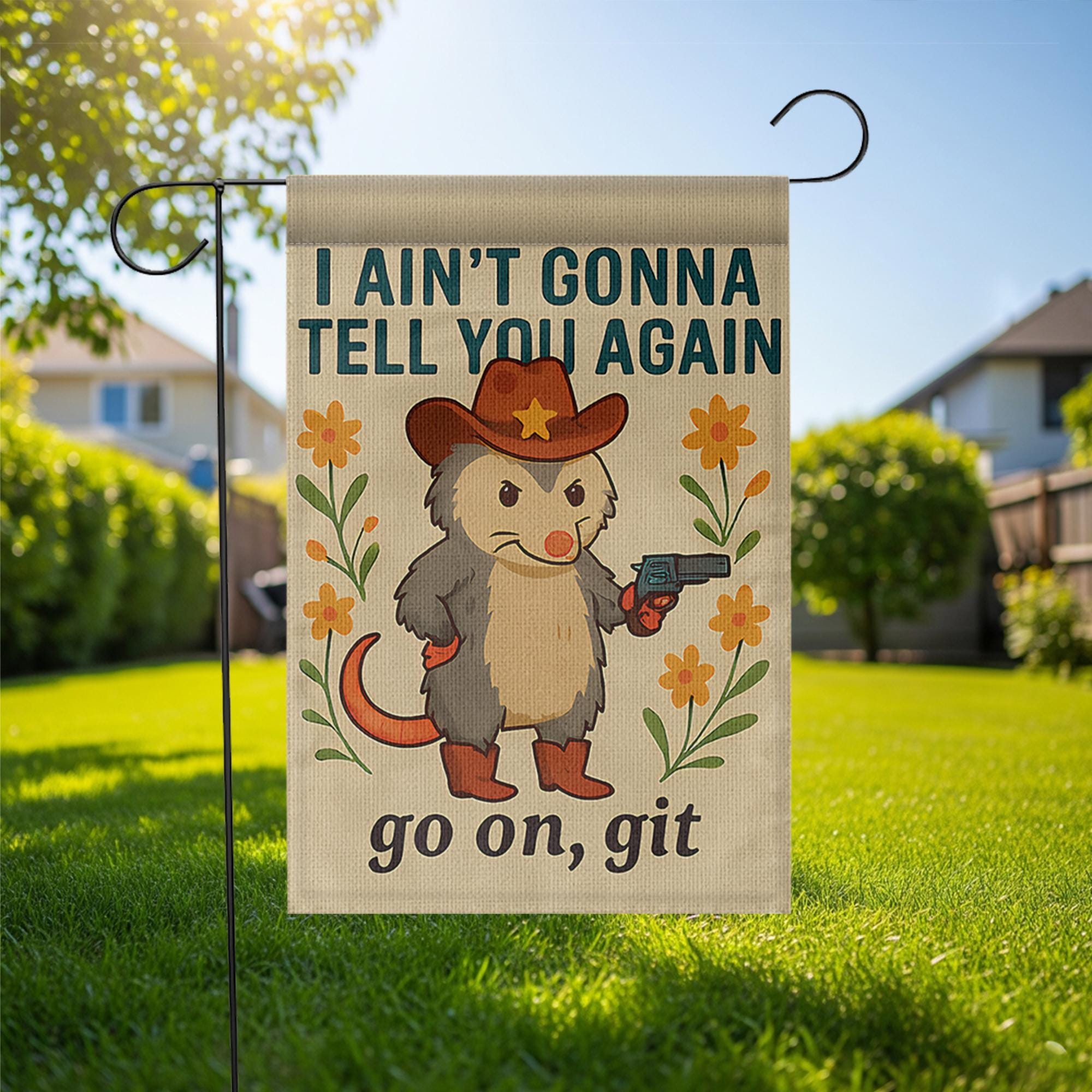 Funny Garden Flag, Cowboy Opossum Yard Decor, Southern Humor Outdoor Sign, Go On Git Flag, Country Porch Decoration, Rustic Lawn Banner