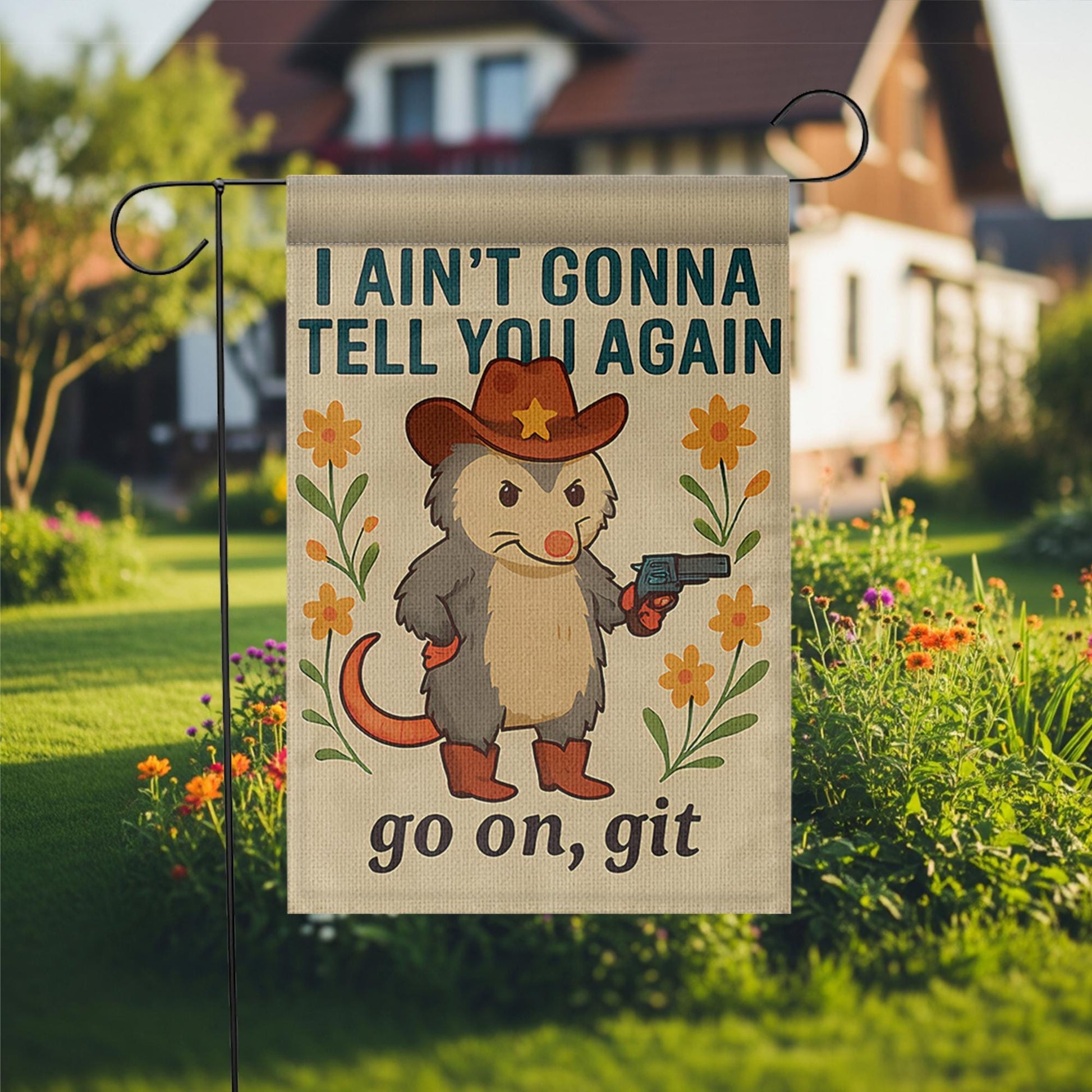 Funny Garden Flag, Cowboy Opossum Yard Decor, Southern Humor Outdoor Sign, Go On Git Flag, Country Porch Decoration, Rustic Lawn Banner