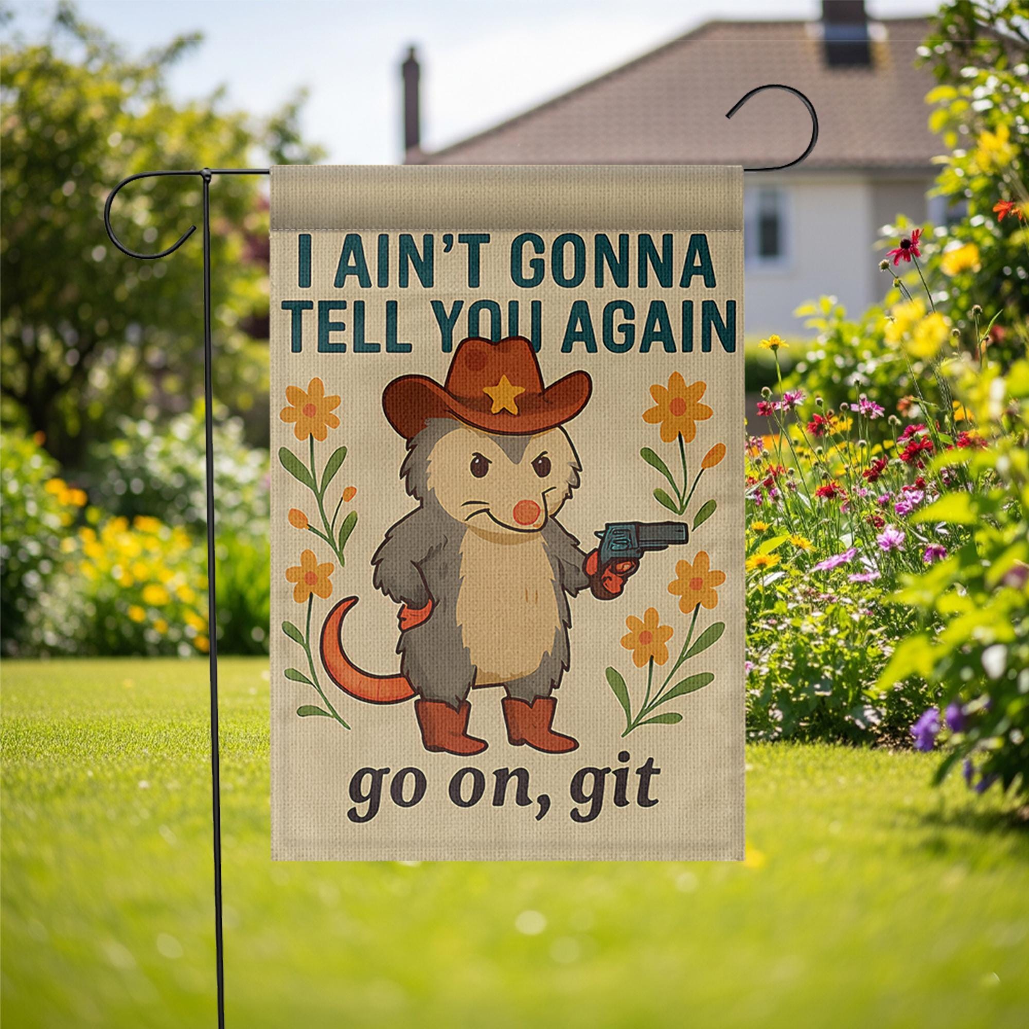 Funny Garden Flag, Cowboy Opossum Yard Decor, Southern Humor Outdoor Sign, Go On Git Flag, Country Porch Decoration, Rustic Lawn Banner