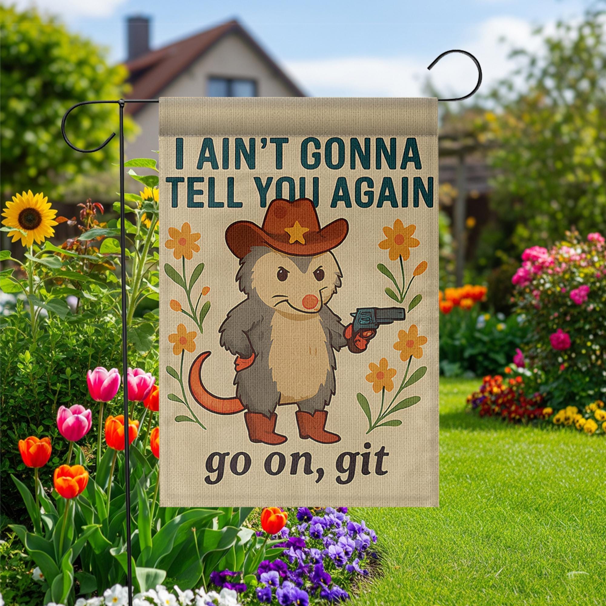 Funny Garden Flag, Cowboy Opossum Yard Decor, Southern Humor Outdoor Sign, Go On Git Flag, Country Porch Decoration, Rustic Lawn Banner