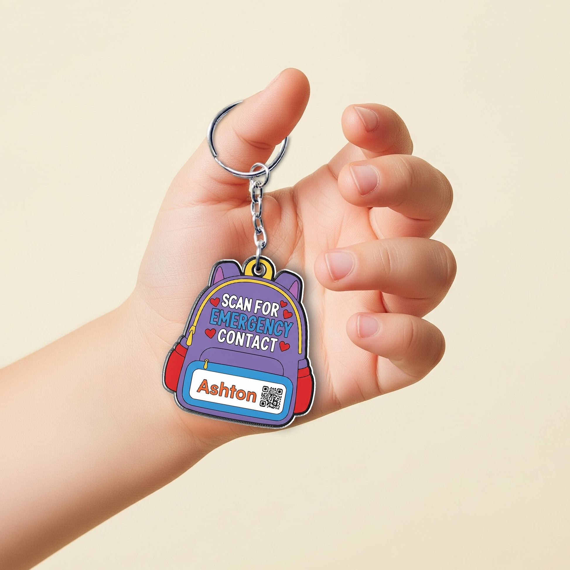 Backpack Emergency Contact Keychain for Kids – Personalized School Tag with Name, QR Code, Safety ID for Backpack or Lunchbox, School Qr Tag