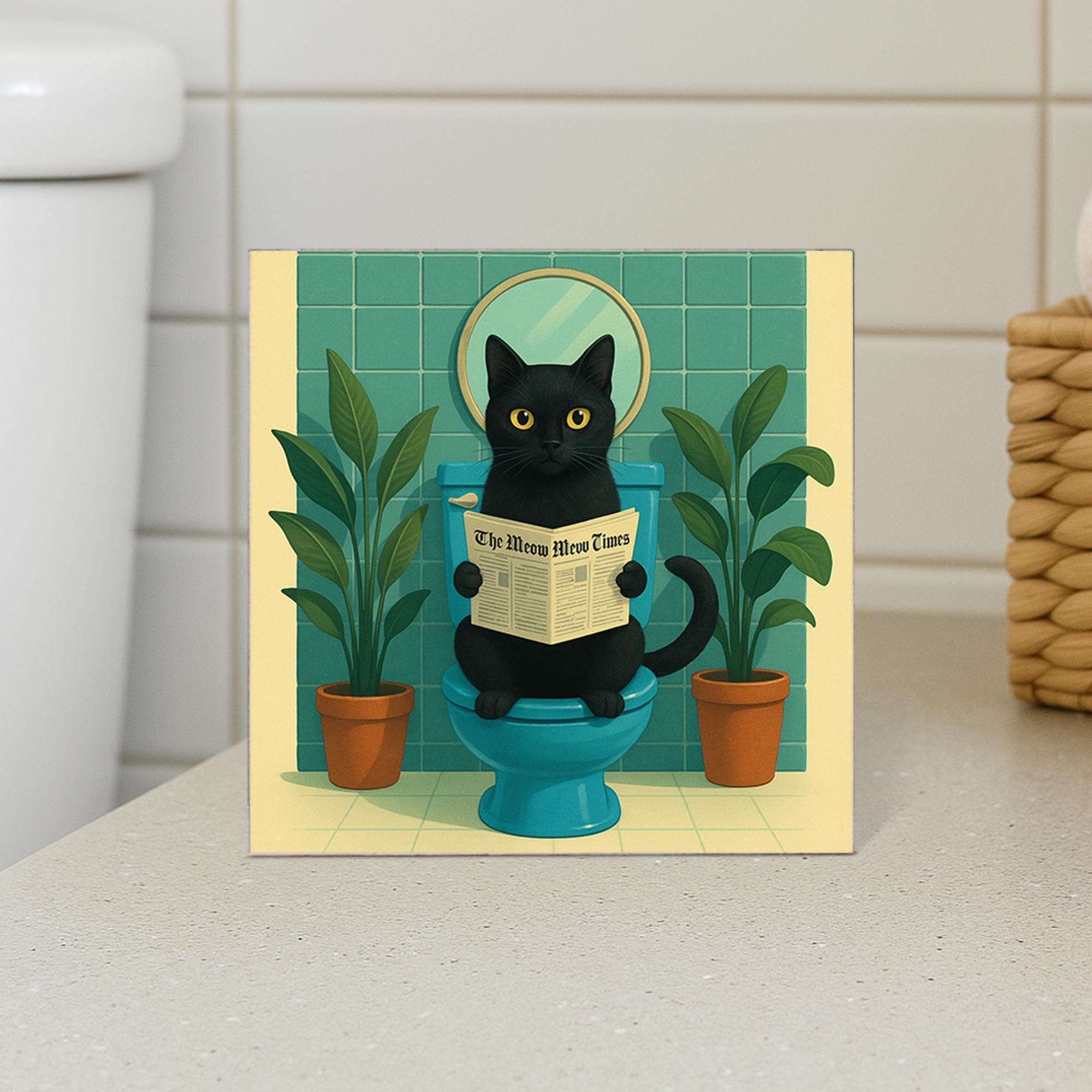 Funny Cat Bathroom Sign, Black Cat Toilet Art, Meow Times Newspaper Decor, Kitty Humor Wall Sign, Gift for Cat Lovers