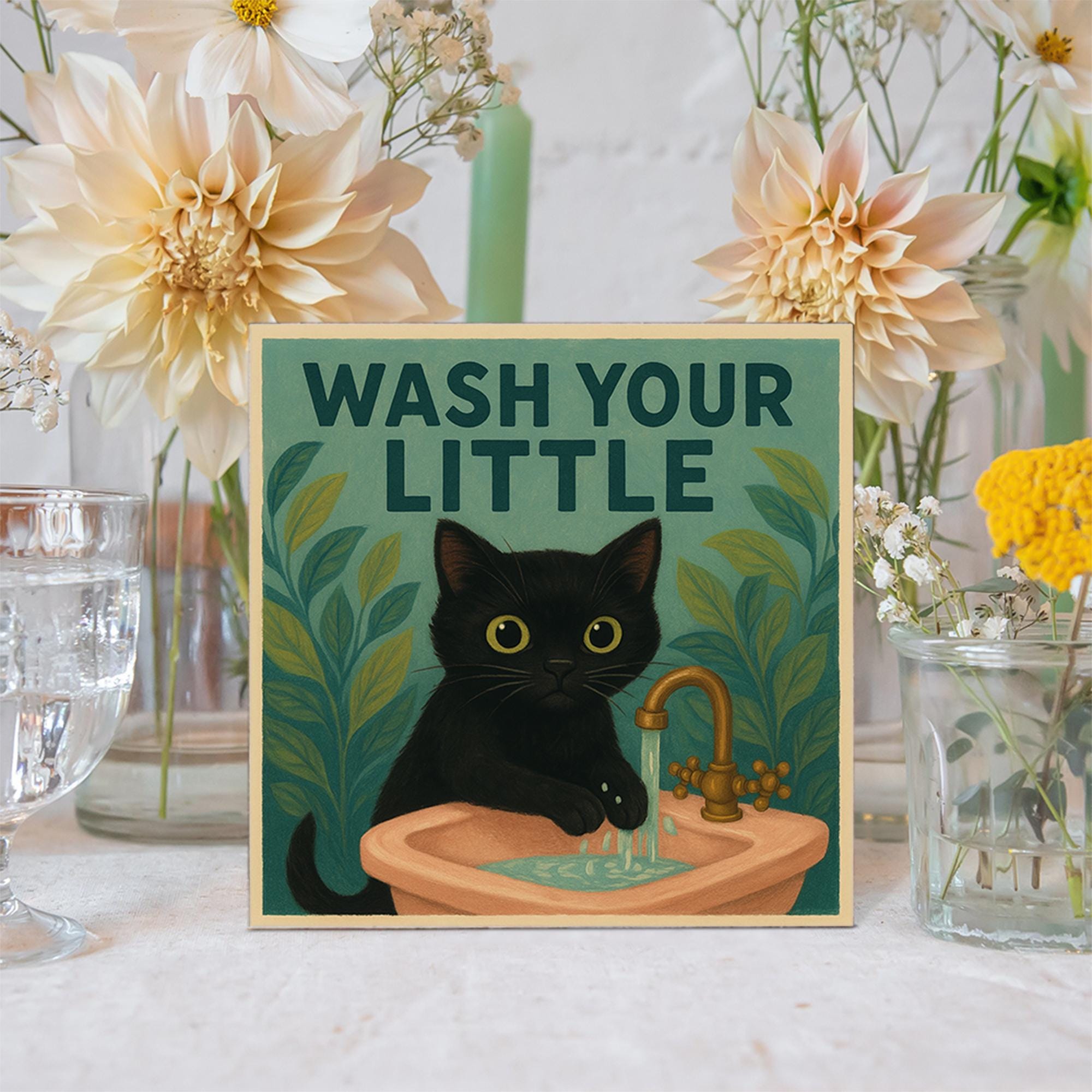 Funny Cat Bathroom Sign, Wash Your Little Kitty Wall Art, Black Cat Sink Decor, Cute Cat Handwashing Humor Gift